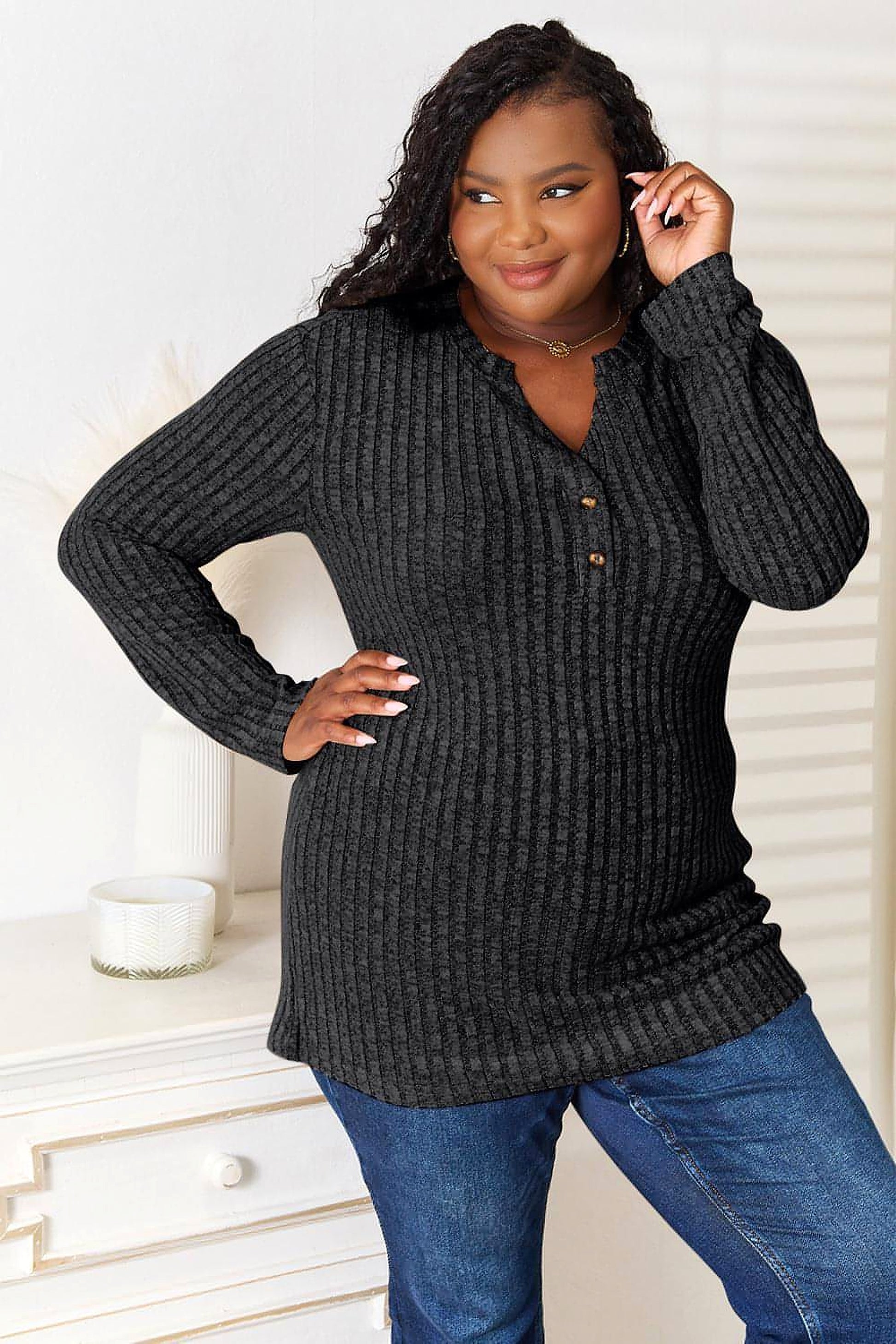 Double Take Notched Neck Ribbed Long Sleeve T-Shirt - enhanced image 10