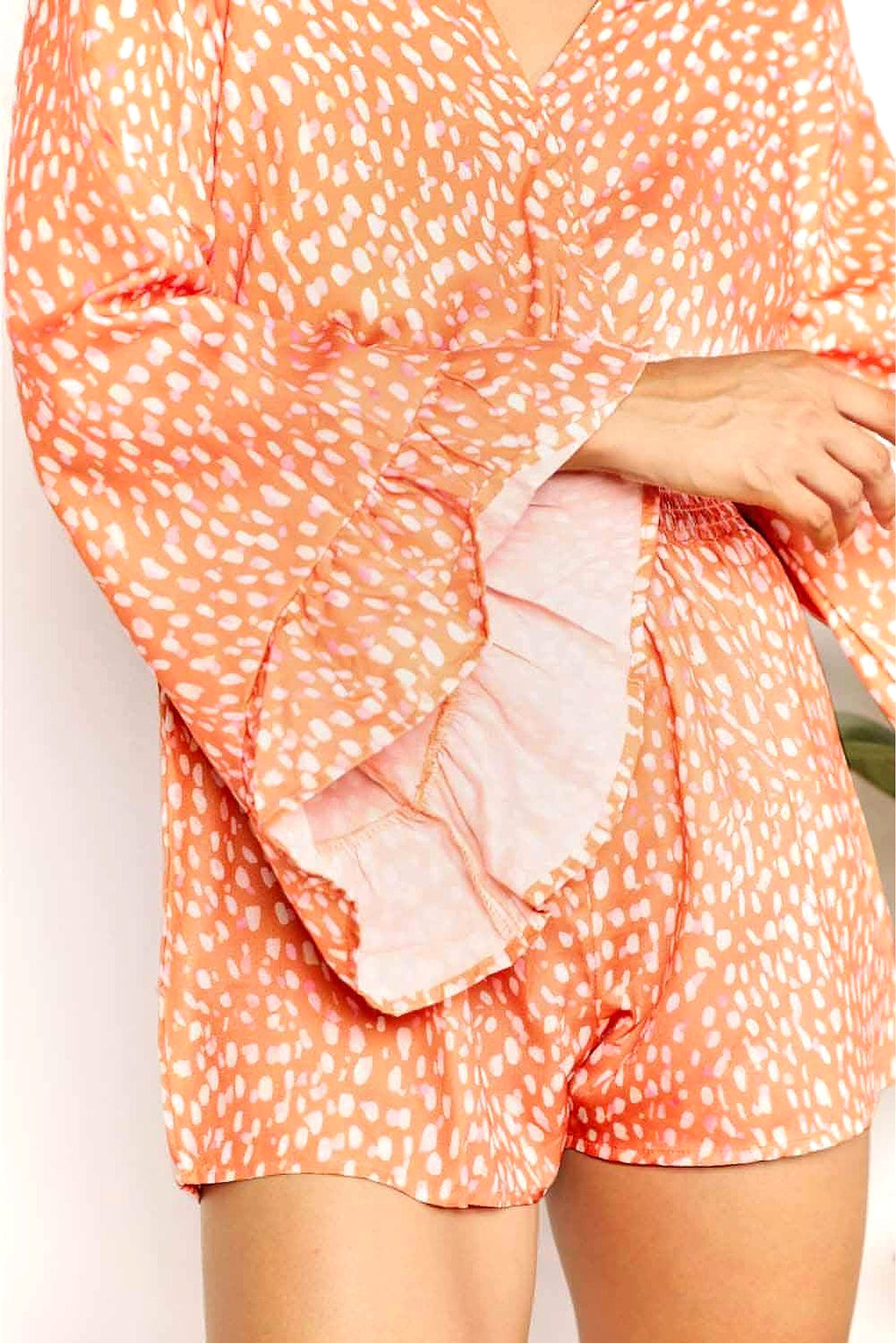 Double Take Printed Flare Sleeve Surplice Romper - enhanced image 10