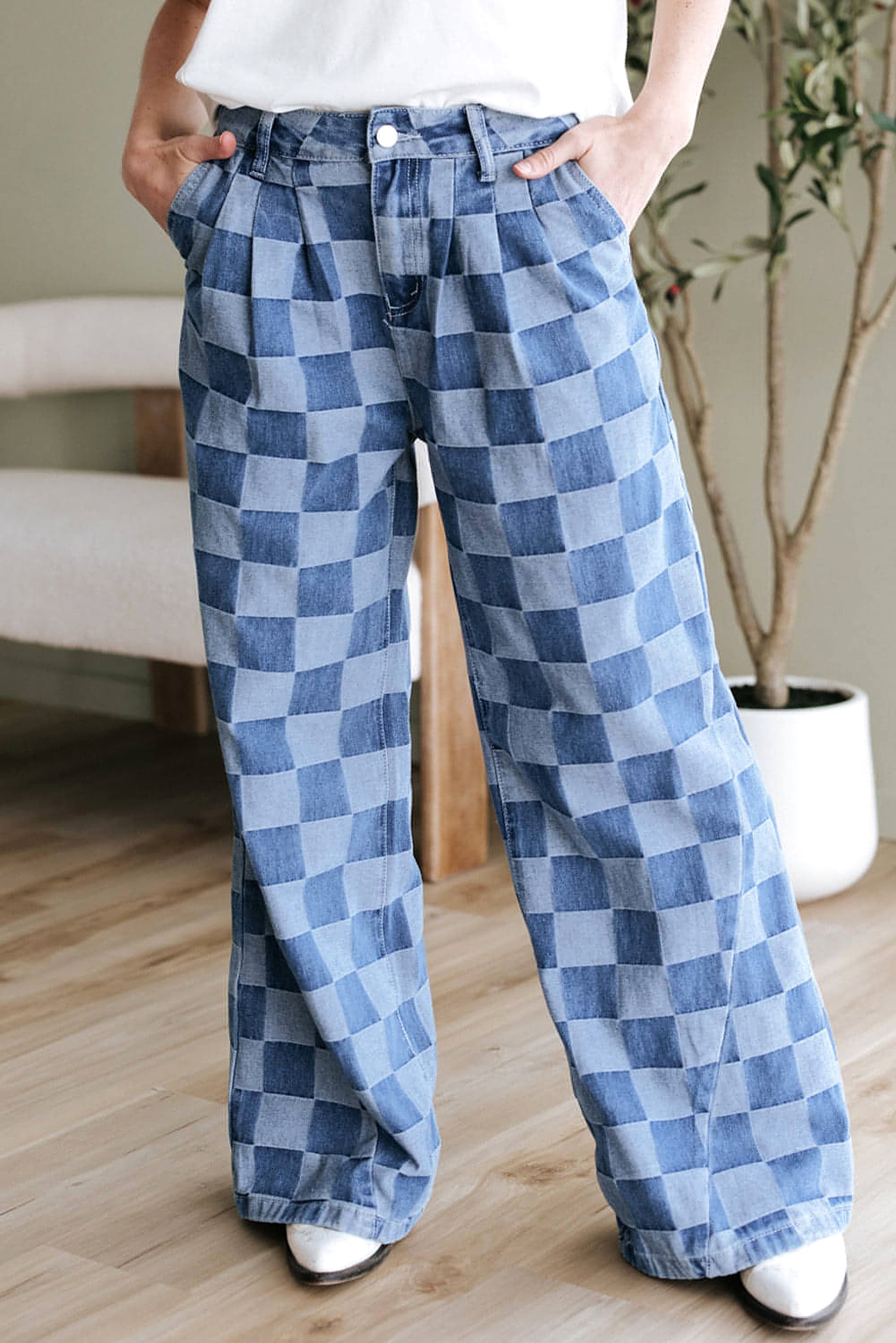 Dusk Blue Checkered Denim Wide Leg Jeans - enhanced image 10