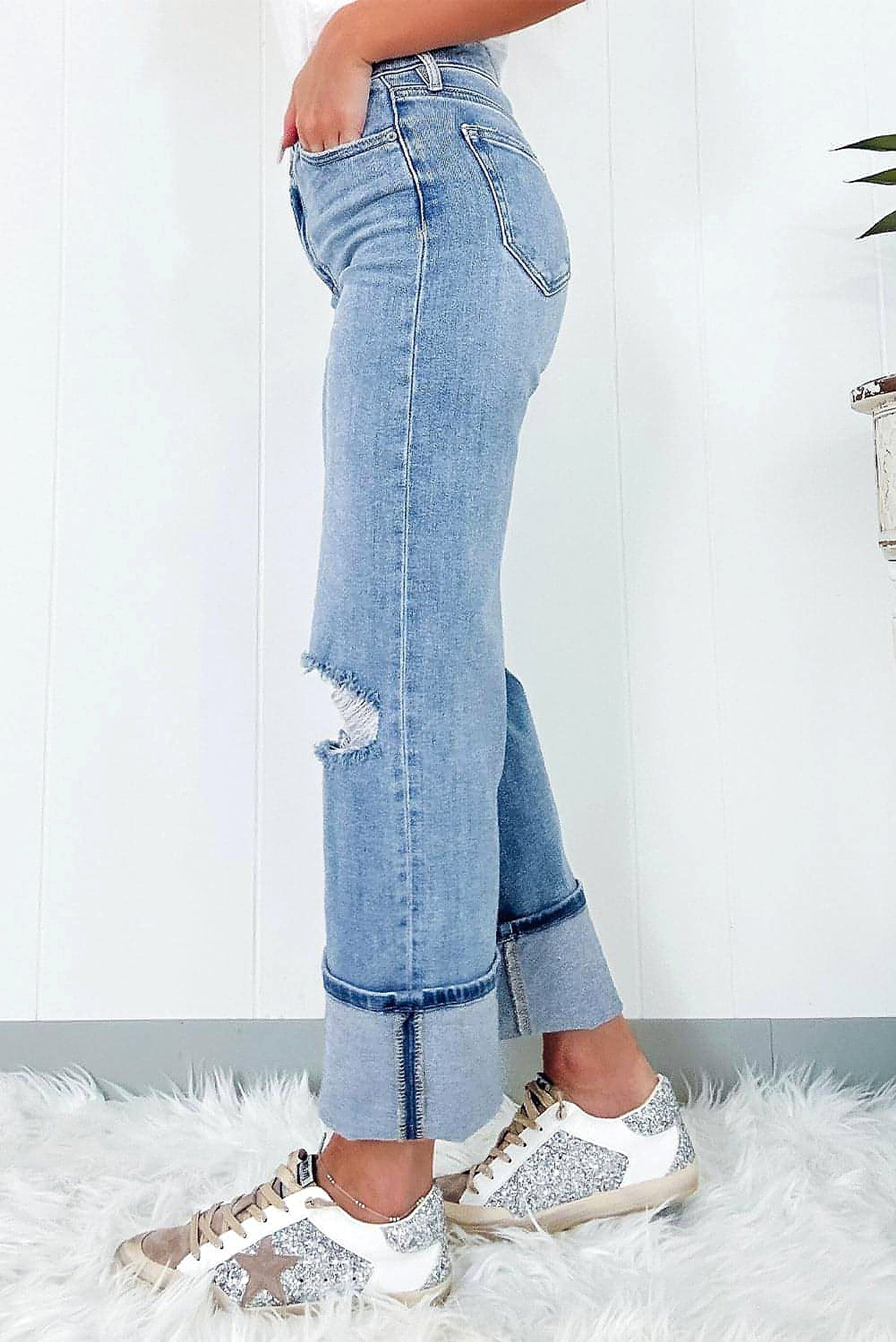 Dusk Blue High Rise Asymmetric Button Zip Fly Ripped Jeans - enhanced image 10