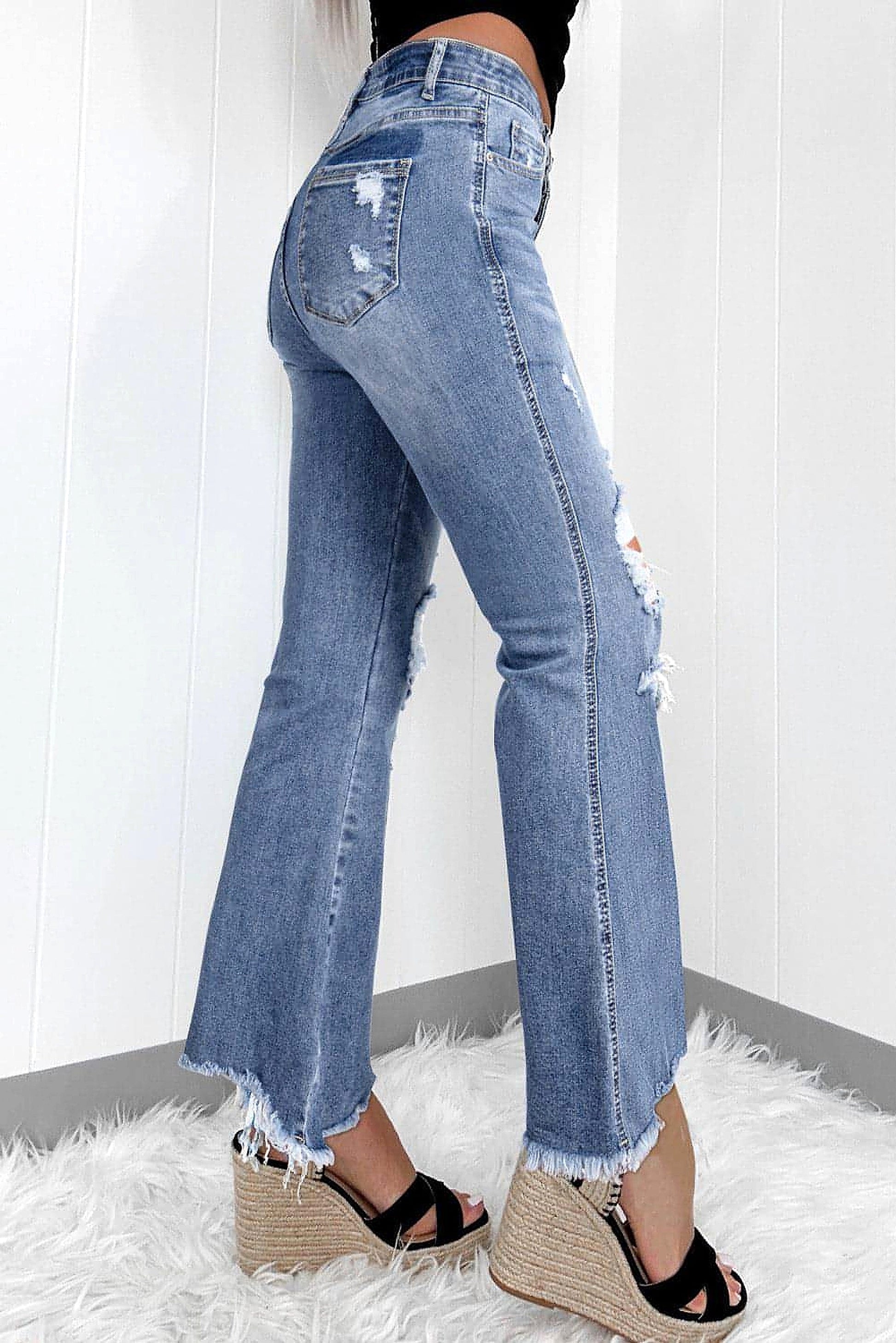 Dusk Blue High Rise Ripped Distressed Hem Flared Jeans - enhanced image 10