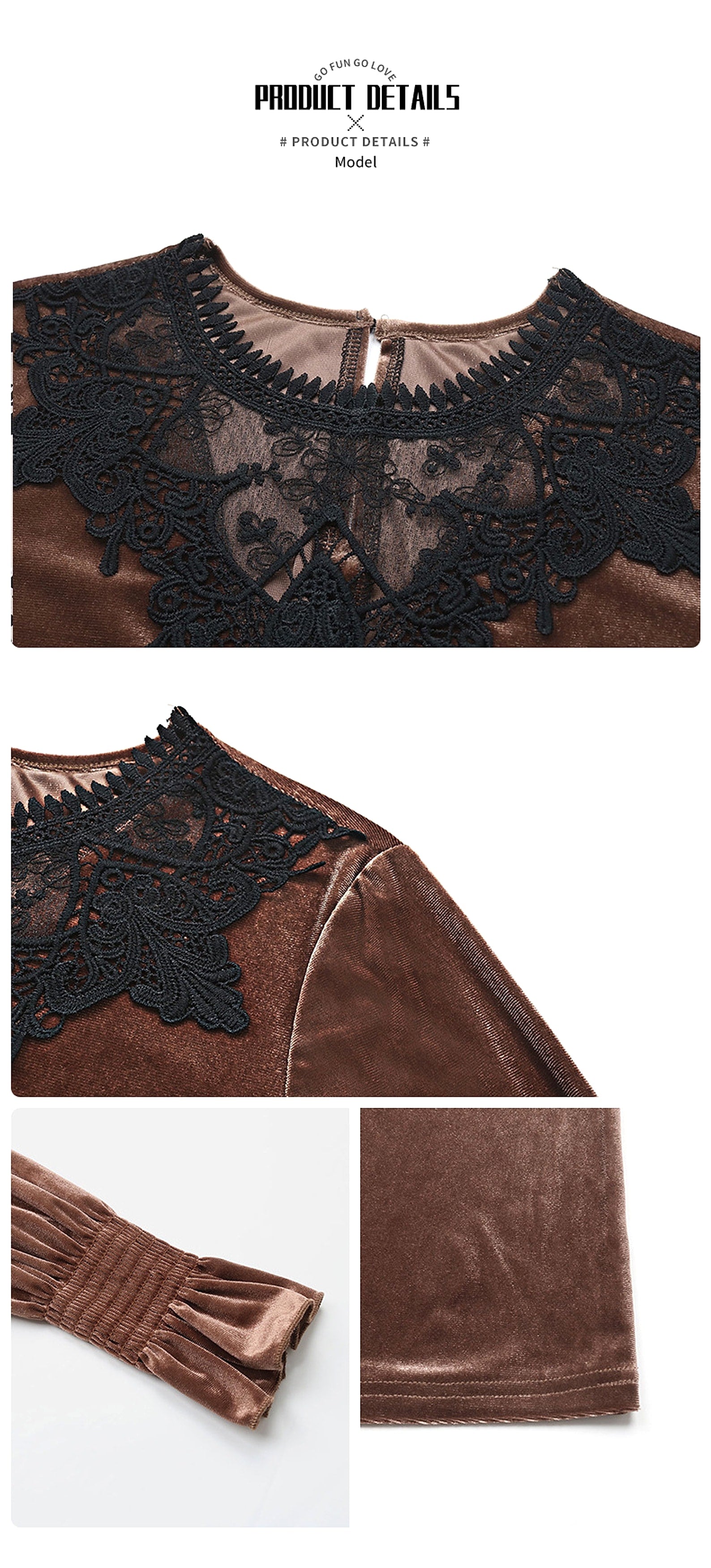 Elegant Velvet T-shirt Lace Stitching Smocking Loose Long Sleeve Top - enhanced image 10