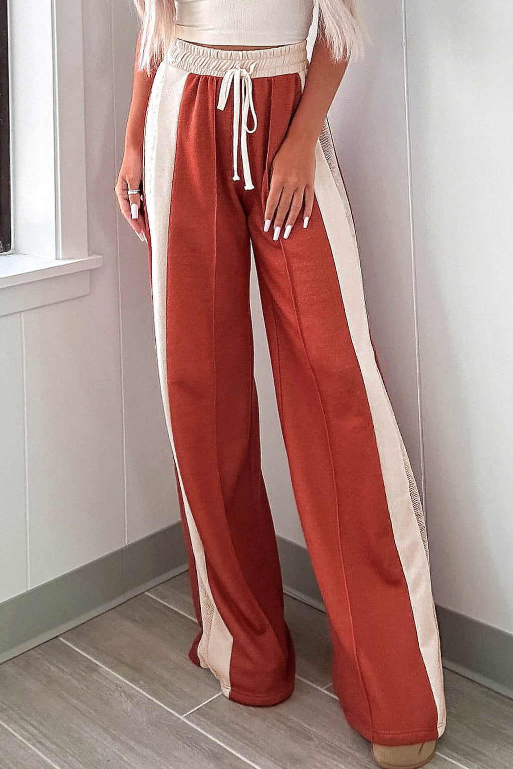 Flamingo Color Block Drawstring High Waist Wide Leg Pants - enhanced image 10