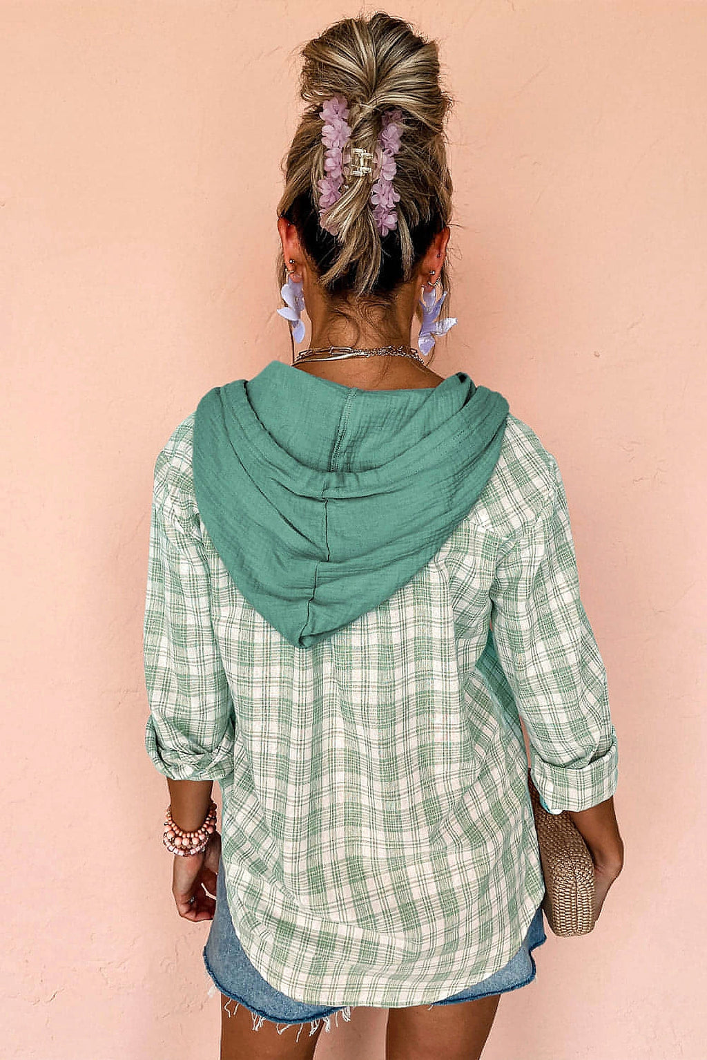 Green Checkered Print Loose Fit Buttoned Hooded Shacket - enhanced image 10