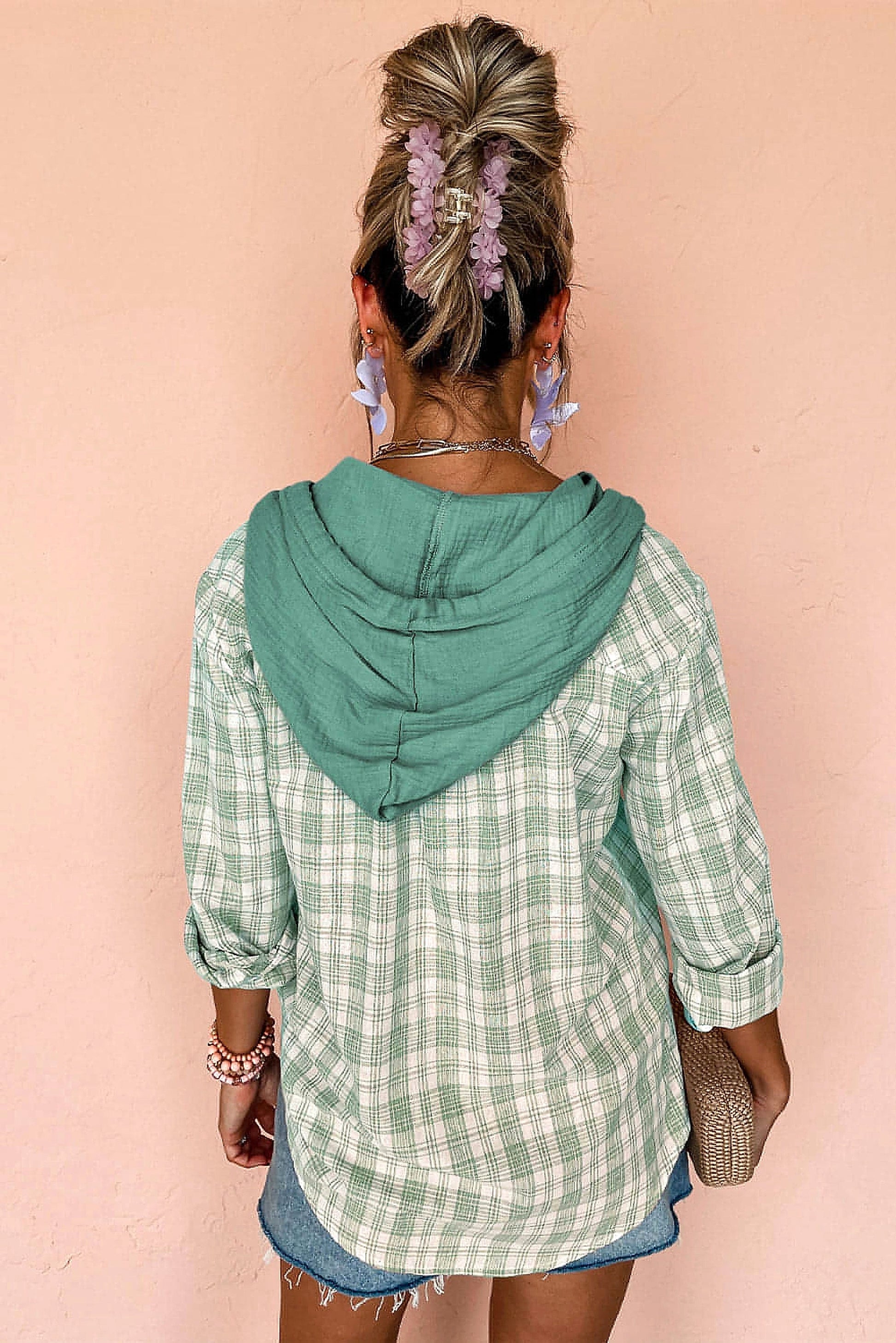 Green Checkered Print Loose Fit Buttoned Hooded Shacket - enhanced image 10