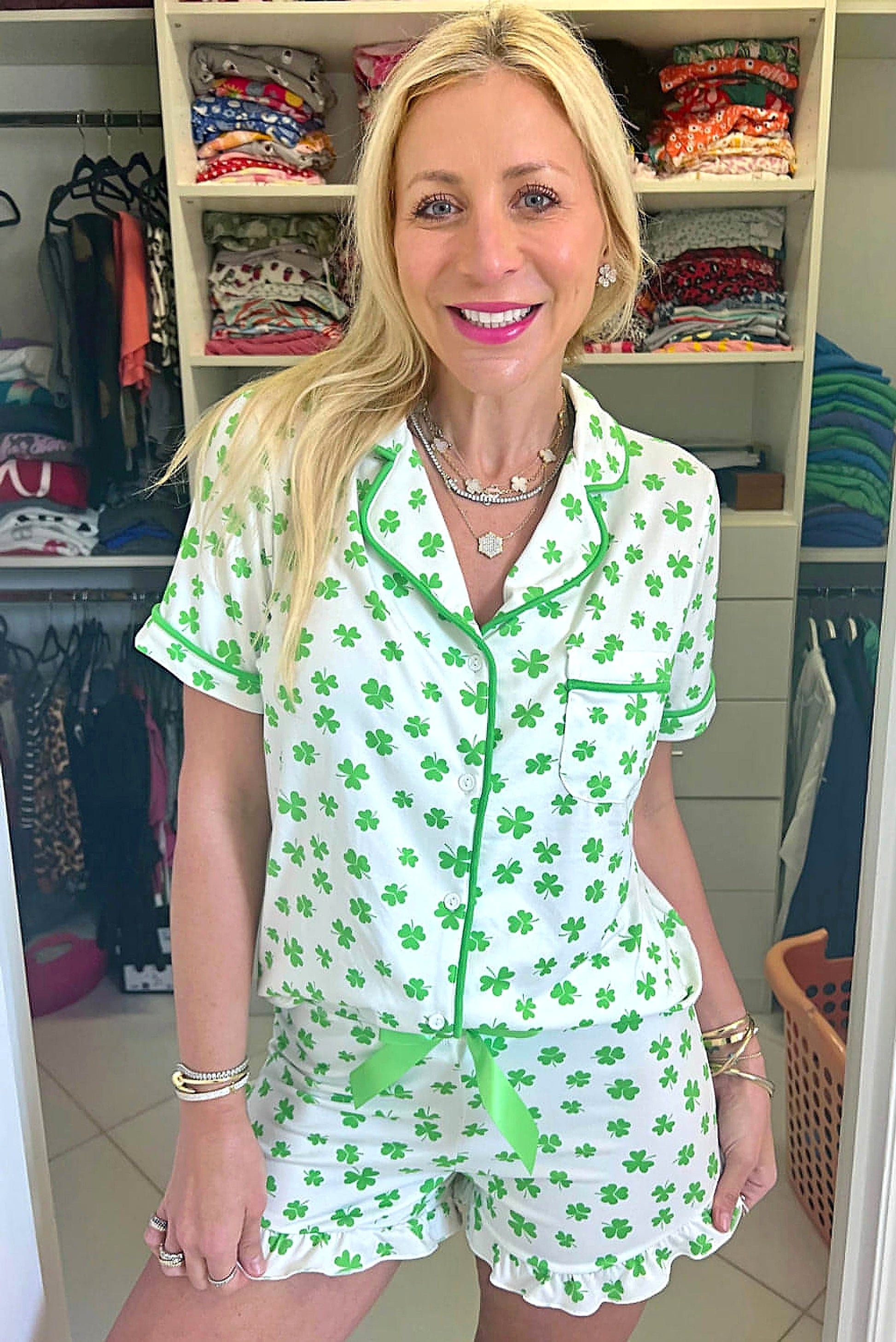 Green Clover Printed Short Sleeve and Ruffled Shorts Pajama Set - enhanced image 10