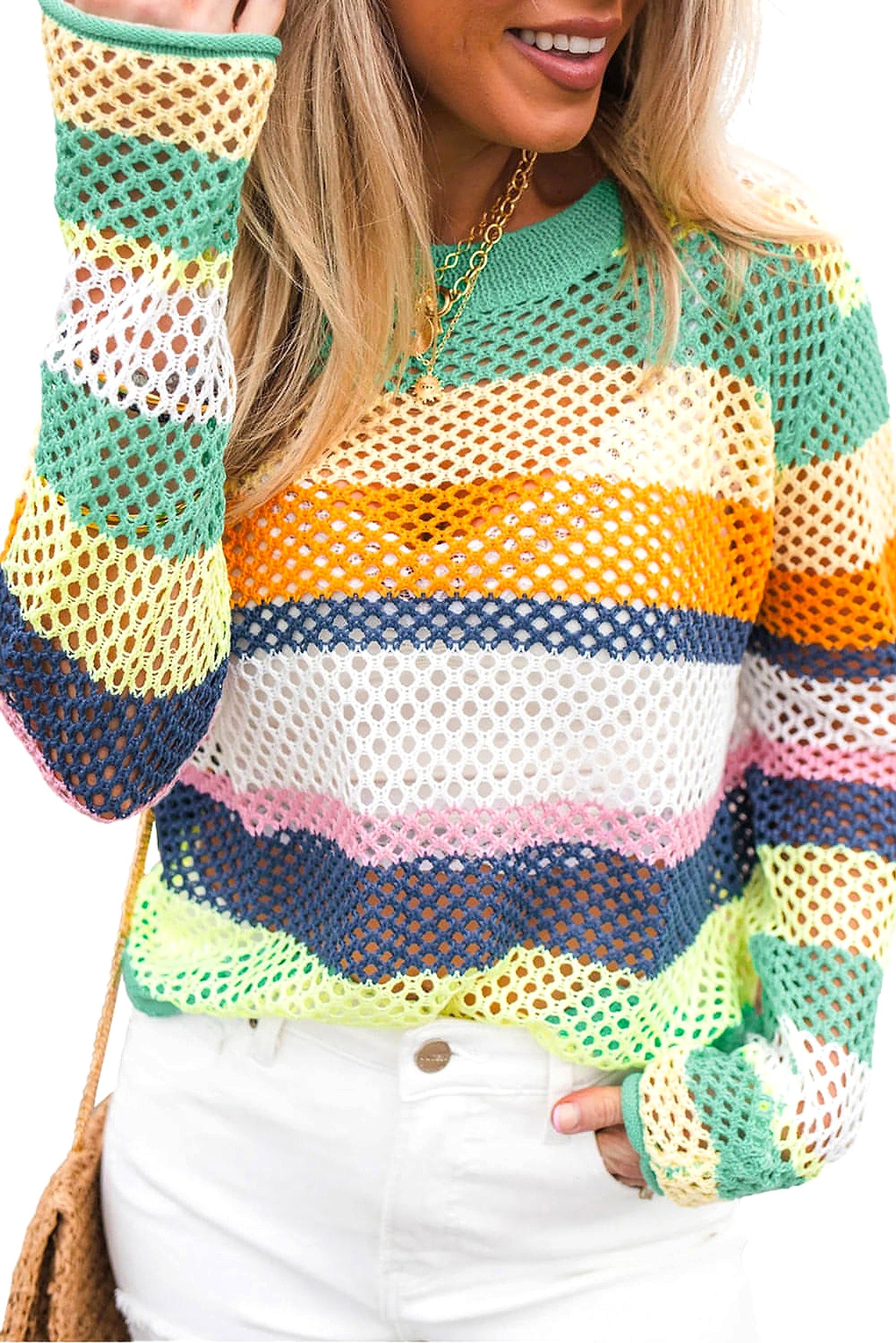 Green Colorblock Patchwork Knit Crochet Eyelet Sweater - enhanced image 10