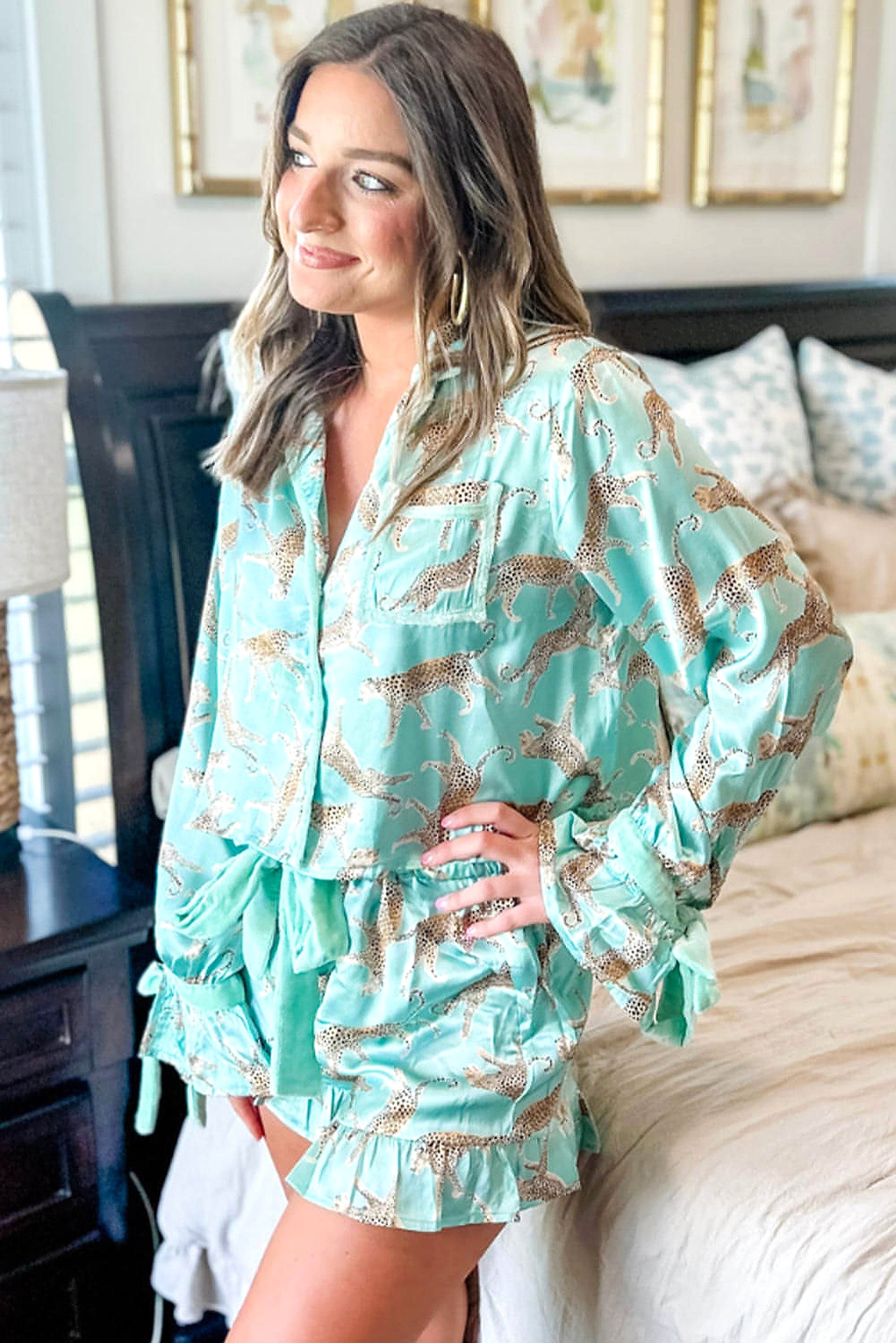 Green Leopard Satin Ruffle Pajama Short Set - enhanced image 10
