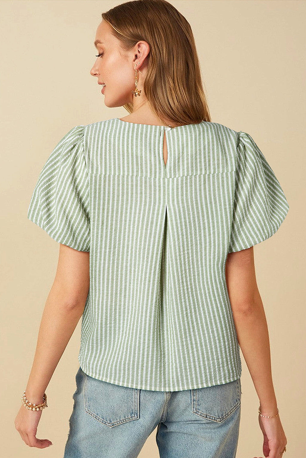 Green Stripe Textured Round Neck Short Puff Sleeve Blouse - enhanced image 10