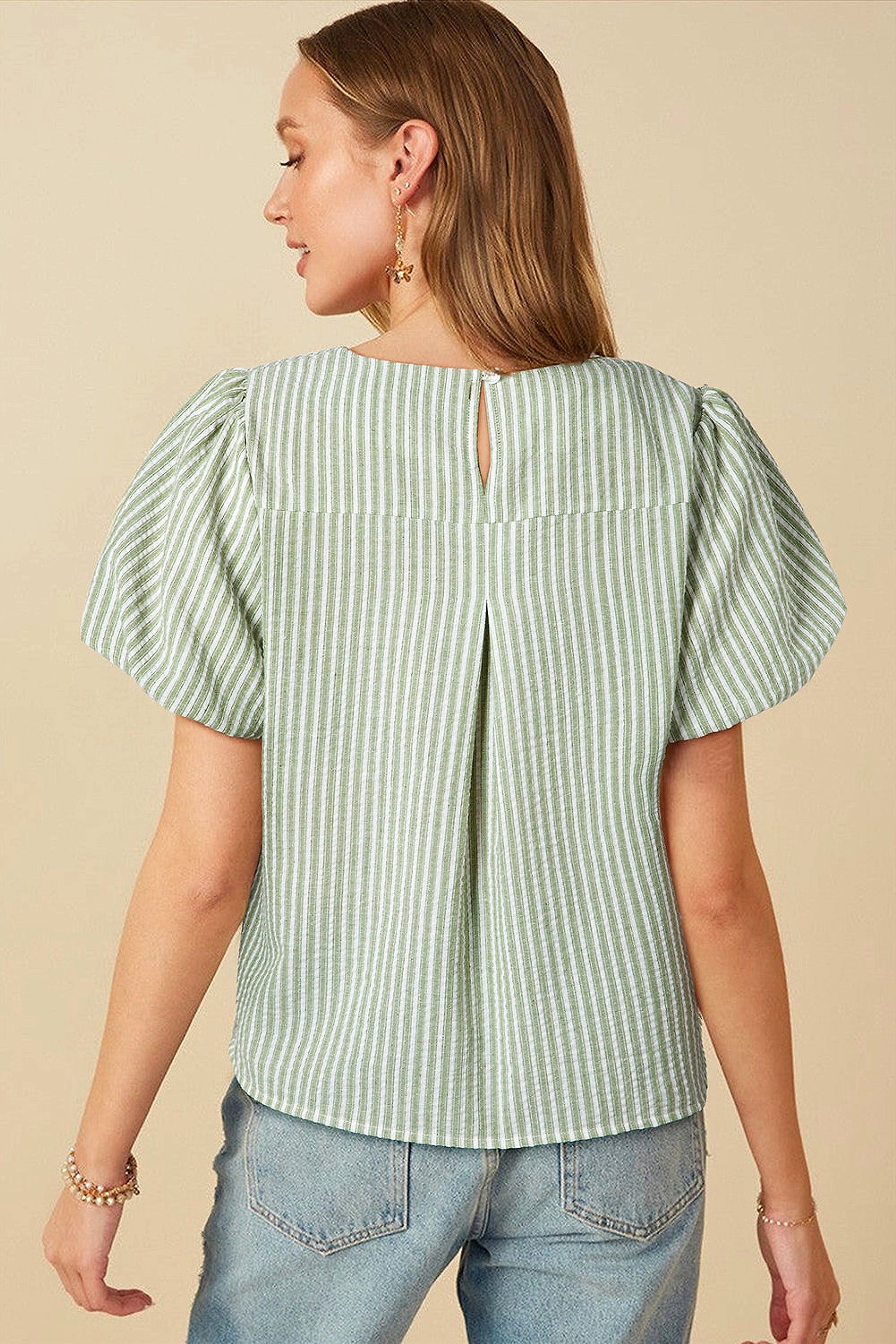 Green Stripe Textured Round Neck Short Puff Sleeve Blouse - enhanced image 10