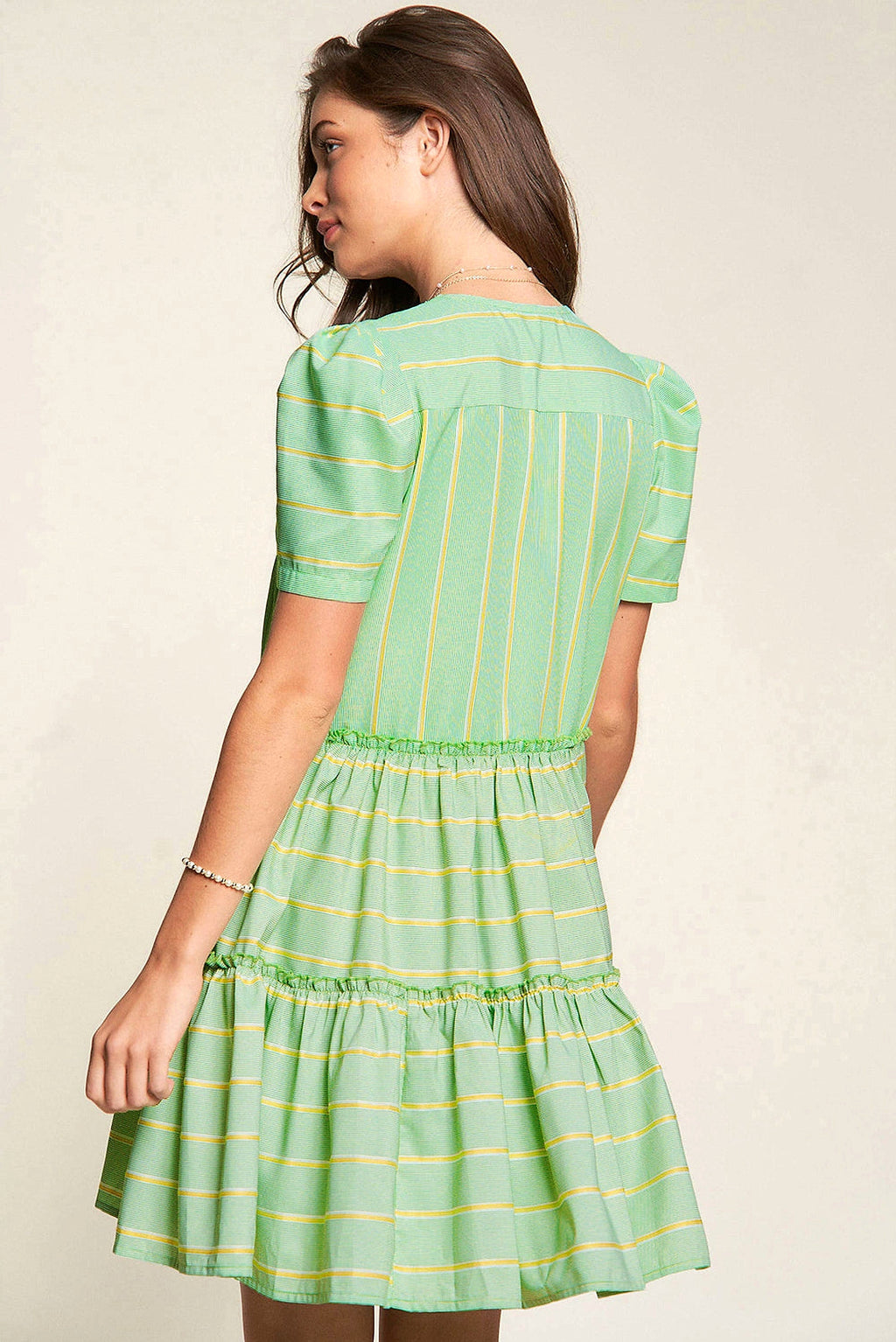Green Stripe V Neck Short Sleeve Frilled Detail A-line Dress - enhanced image 10