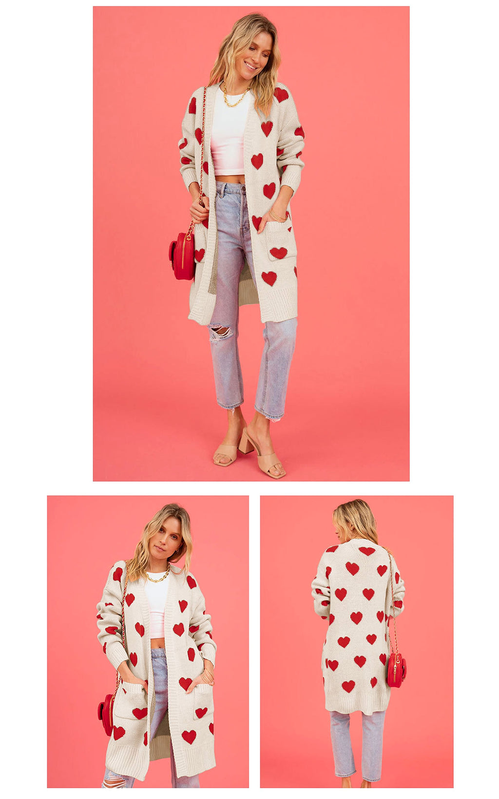 Heart Knitted Cardigan Love Pocket V-neck Mid-length Sweater - enhanced image 10
