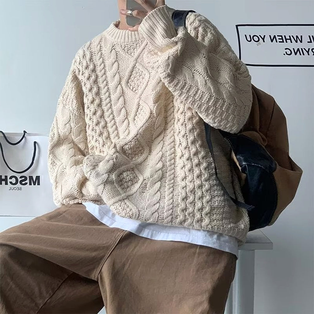 Japanese Stitching Contrast Color Cable-knit Sweater Men - enhanced image 10