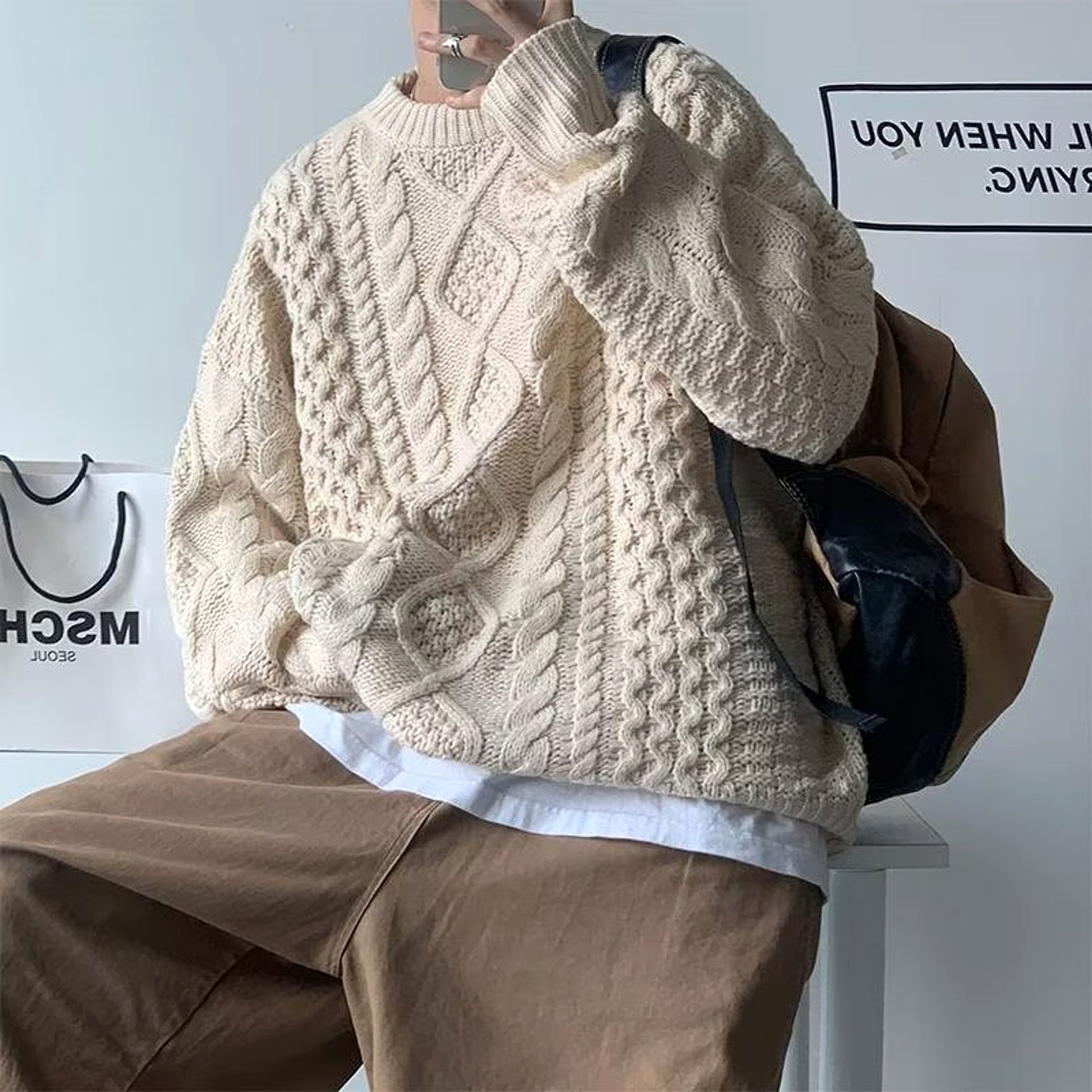 Japanese Stitching Contrast Color Cable-knit Sweater Men - enhanced image 10