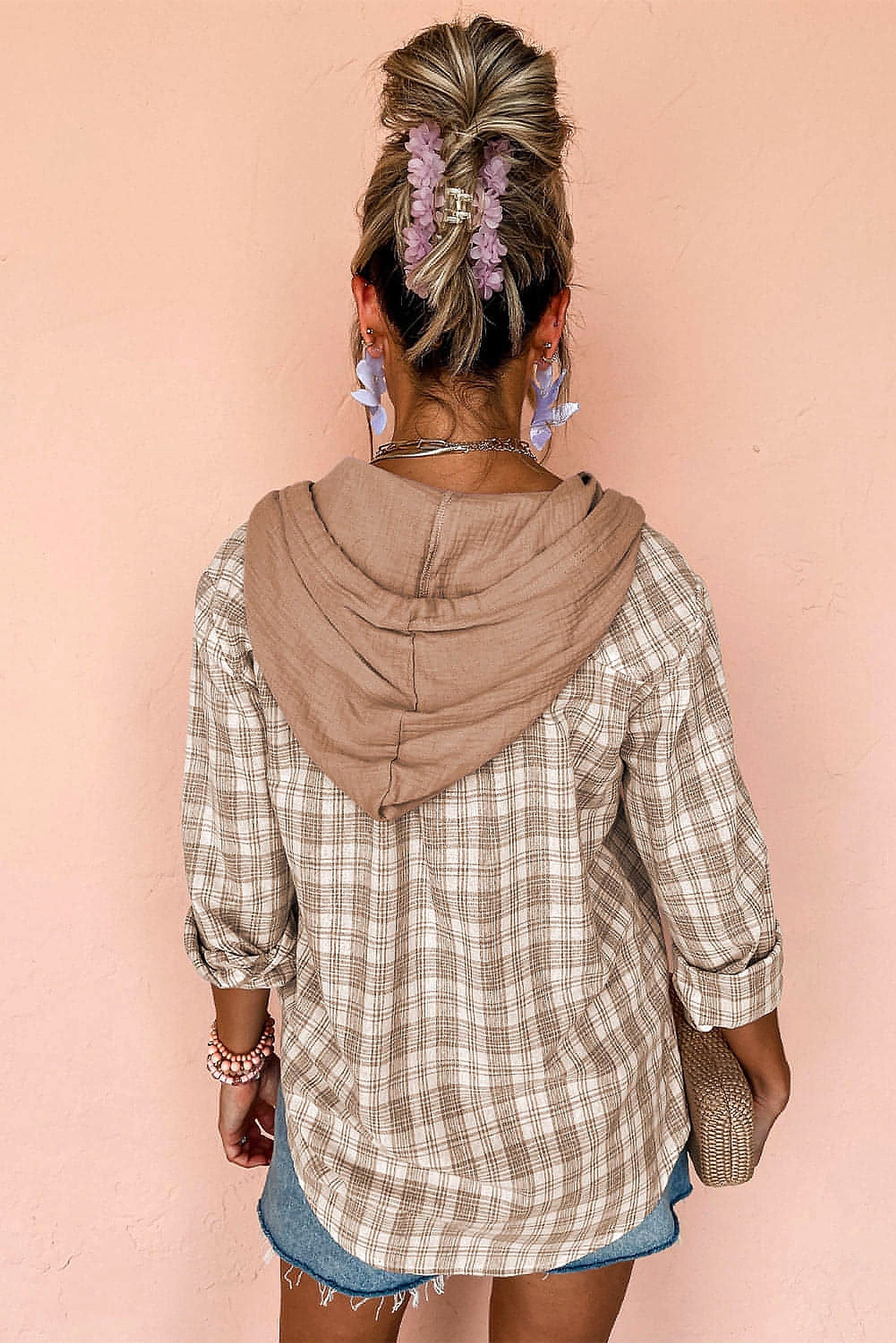 Khaki Checkered Print Loose Fit Buttoned Hooded Shacket - enhanced image 10