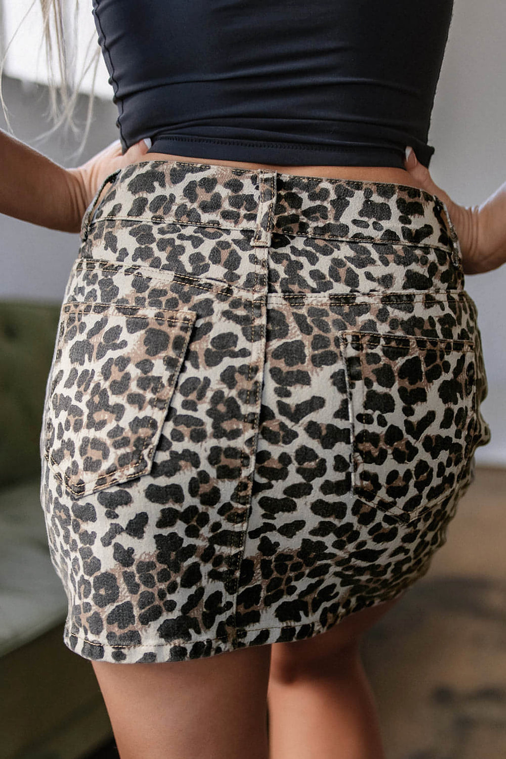 Khaki Leopard Denim Mini Skirt - enhanced image 10