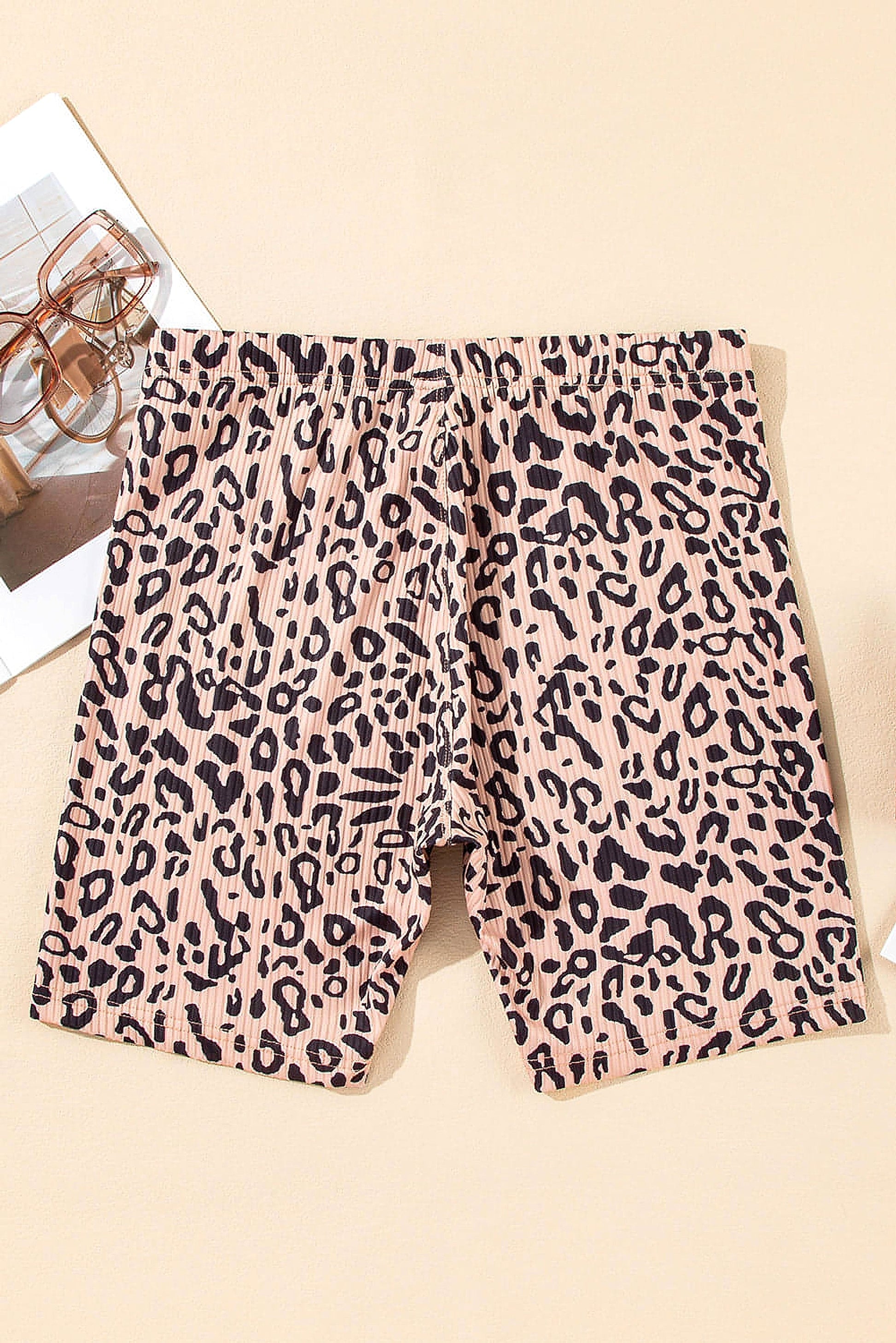 Khaki Leopard Print Ribbed Textured Knit Biker Shorts - enhanced image 10
