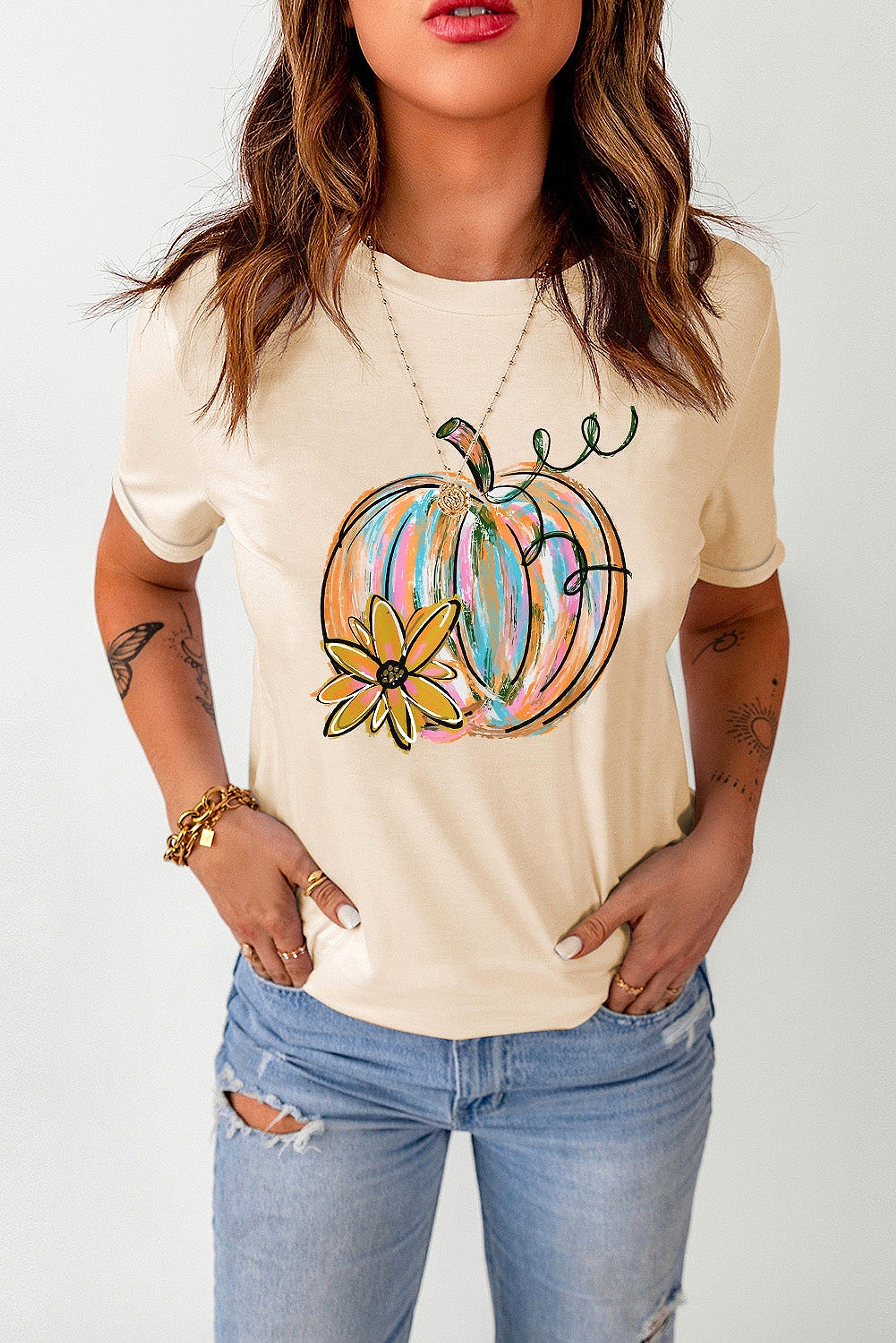 Khaki Pumpkin with Flower Graphic T Shirt - enhanced image 10