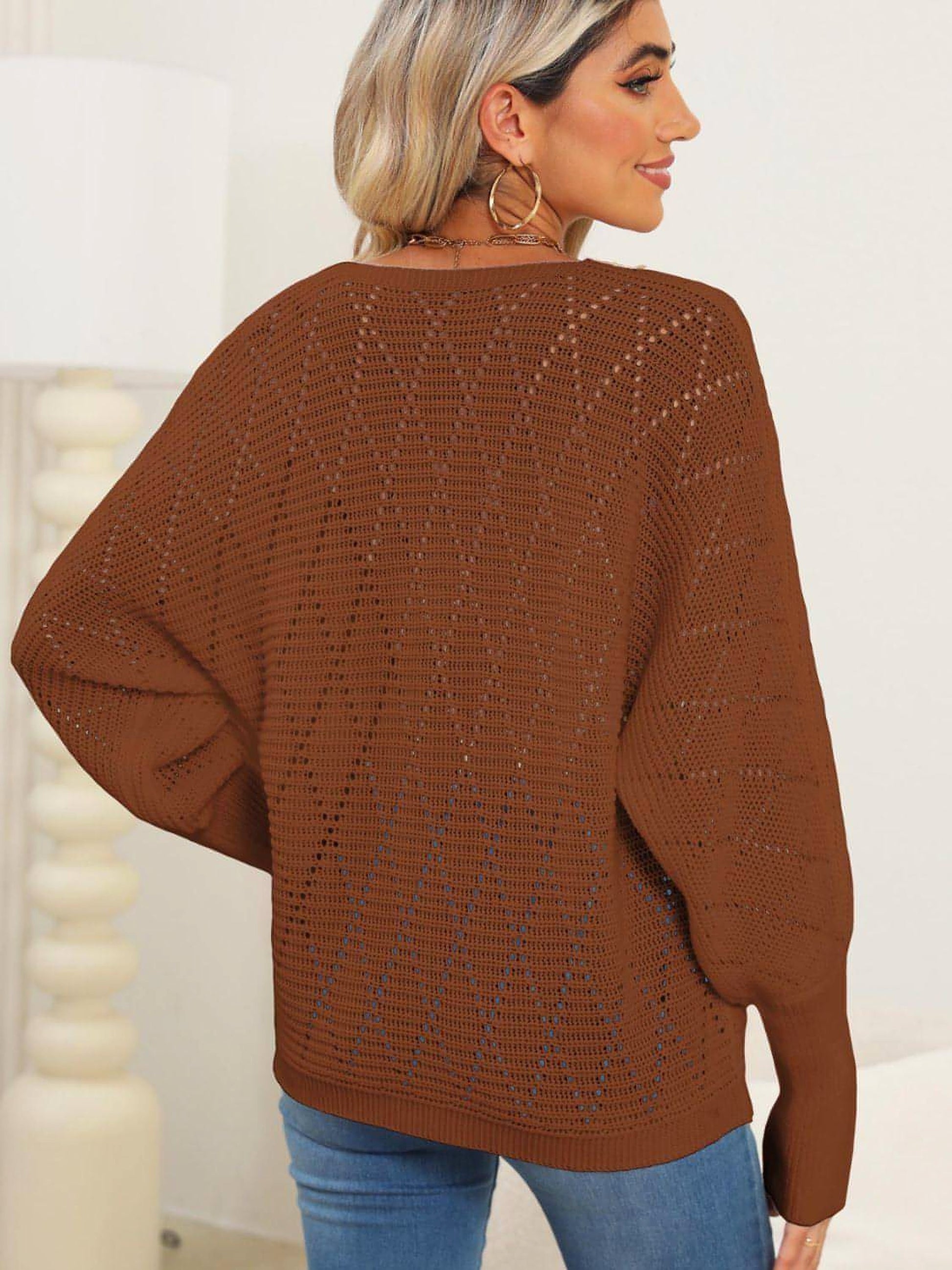Lace Detail V-Neck Long Sleeve Sweater - enhanced image 10