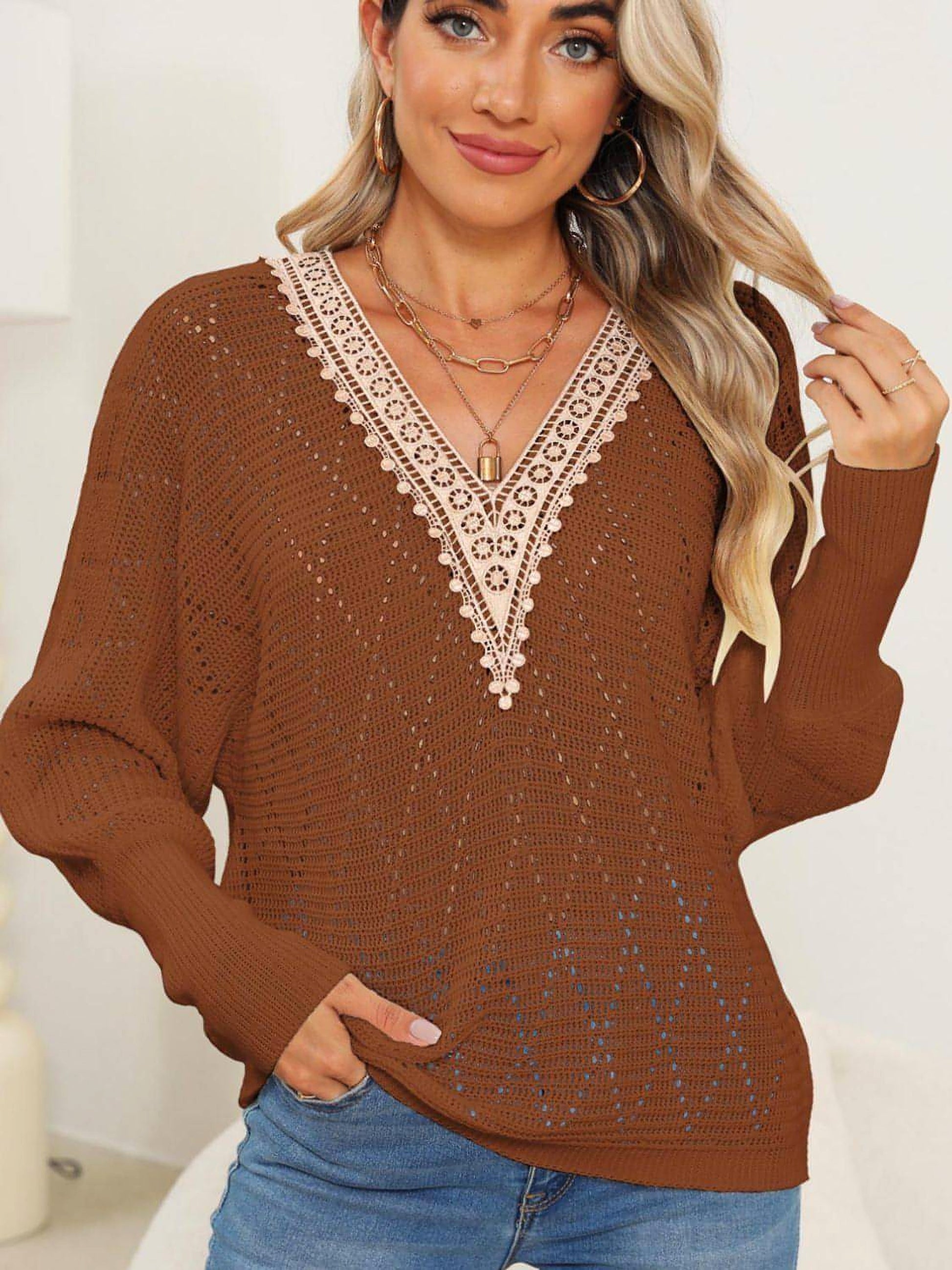 Lace Detail V-Neck Long Sleeve Sweater - enhanced image 10