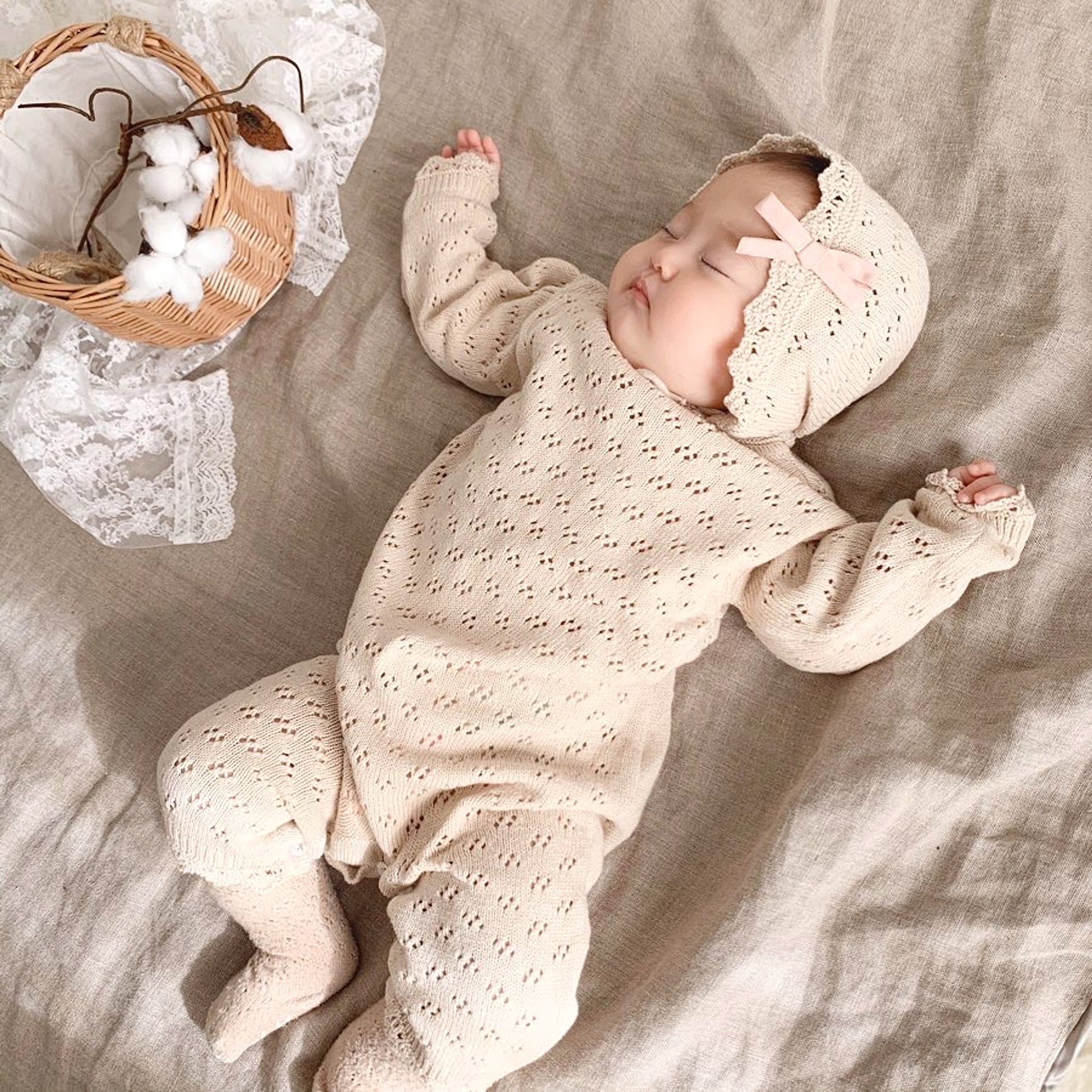 LaceNest™ – Knitted Hollow Baby Romper with Hat - enhanced image 10