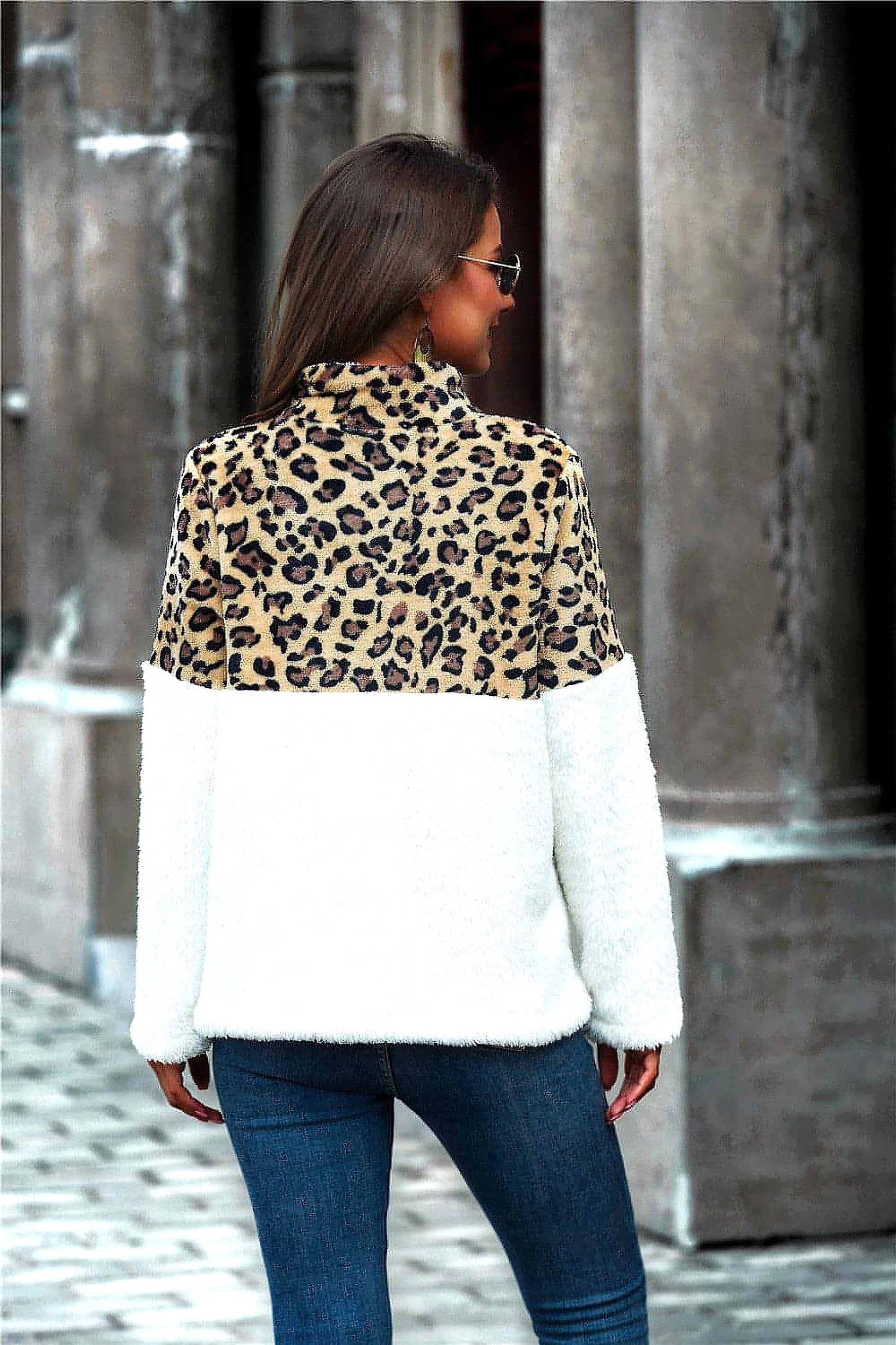 Leopard Color Block Half-Zip Collar Teddy Sweatshirt - enhanced image 10