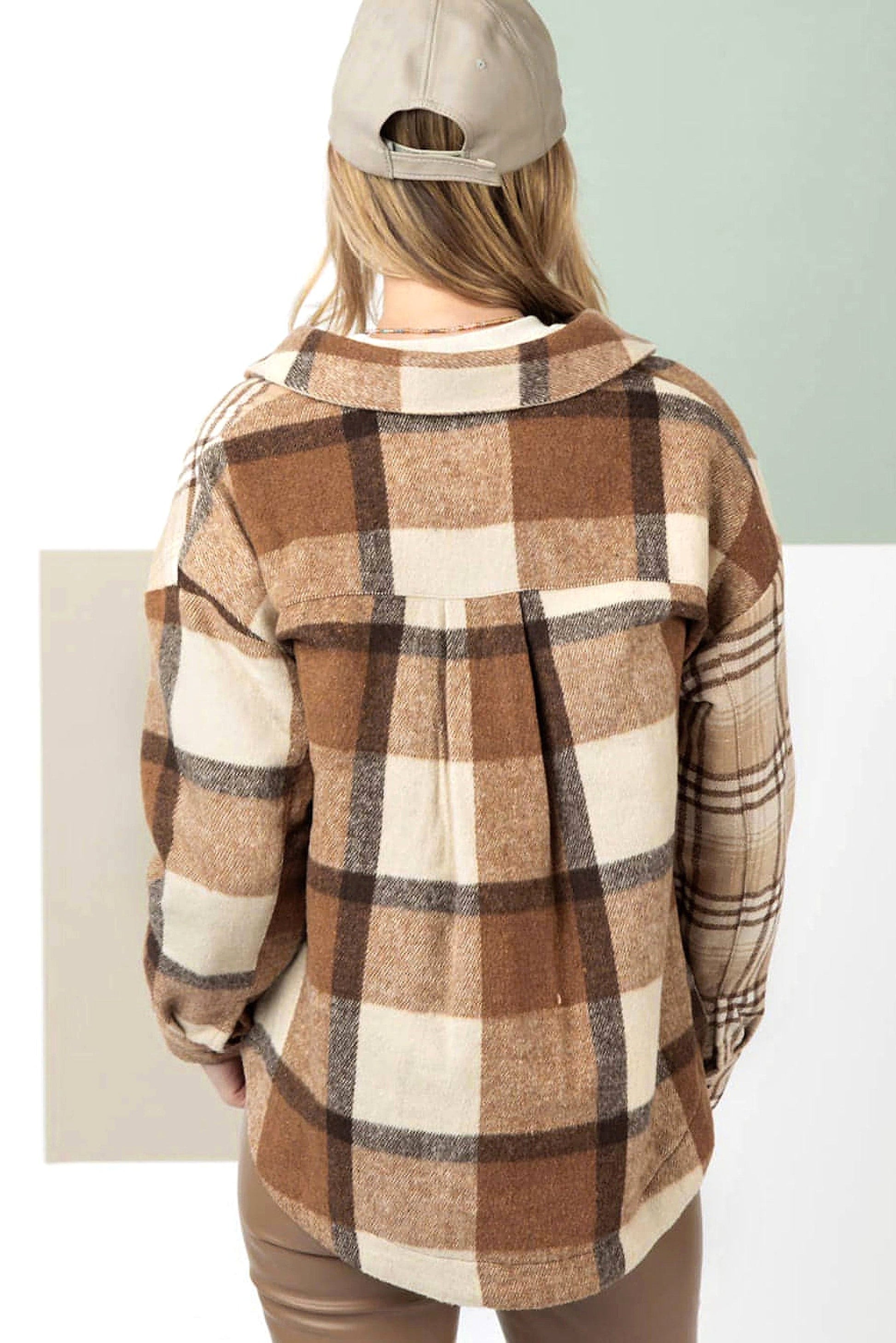 Light French Beige Flannel Plaid Double Flap Pocket Shacket - enhanced image 10