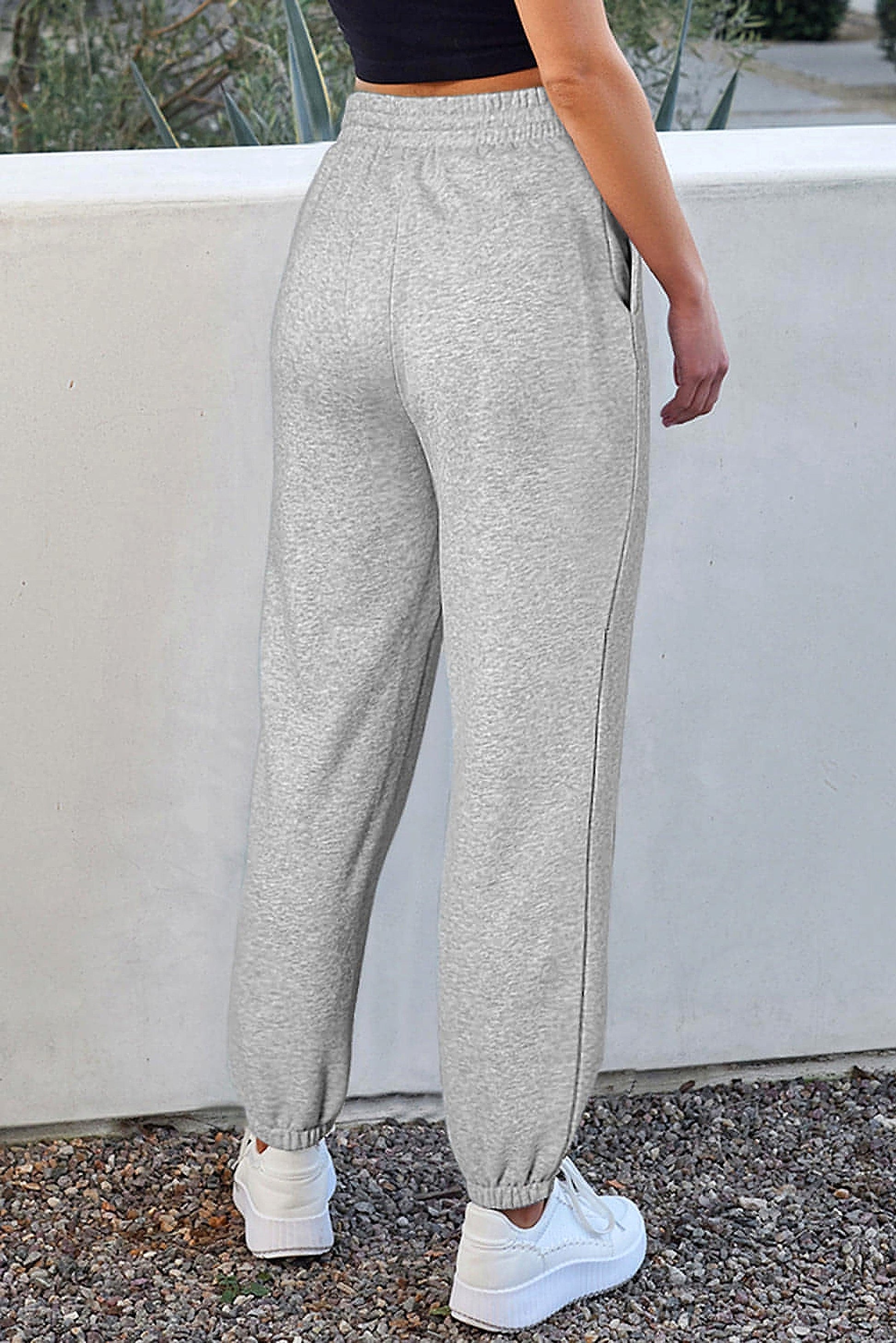 Light Grey Solid Color Fleece Lined Drawstring Waist Joggers - enhanced image 10