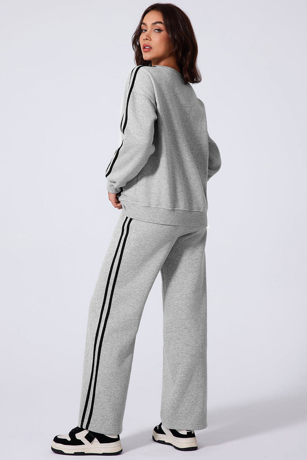 Light Grey Solid Color Side Striped Sweatshirt Active Set - enhanced image 10