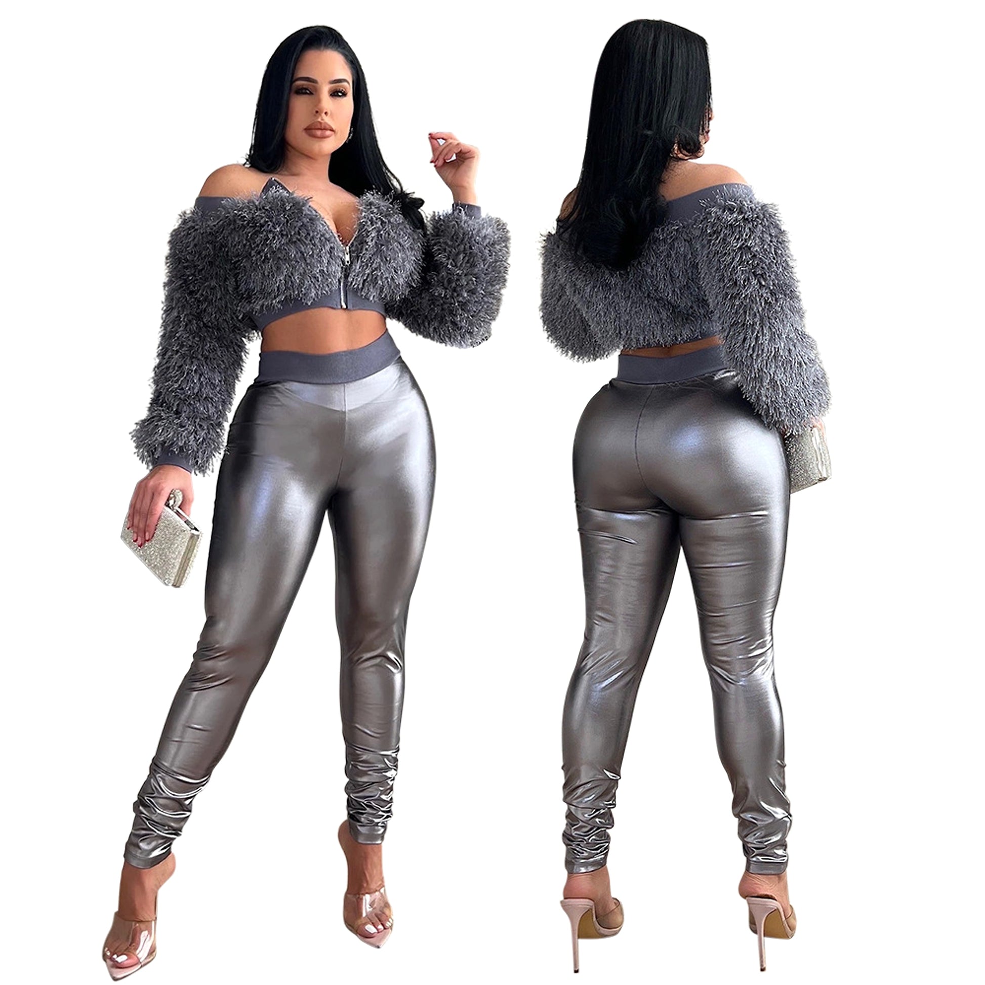 Long Sleeve Furry Short Top With Slim Trousers Two-piece Set For Women - enhanced image 10