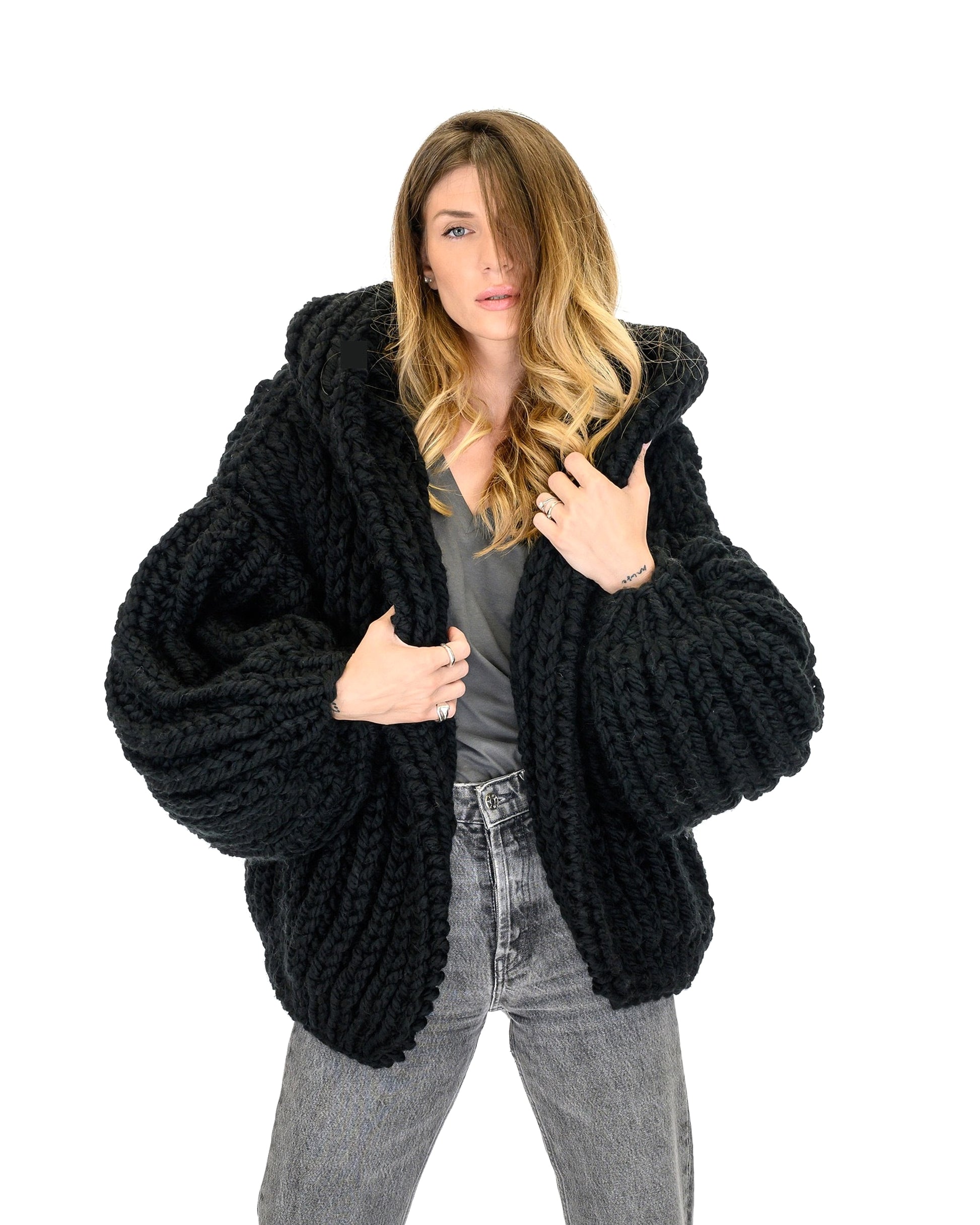 Loose And Hooded Cardigan Coat Handmade Knitting Needle Women's Knitted Sweater - enhanced image 10
