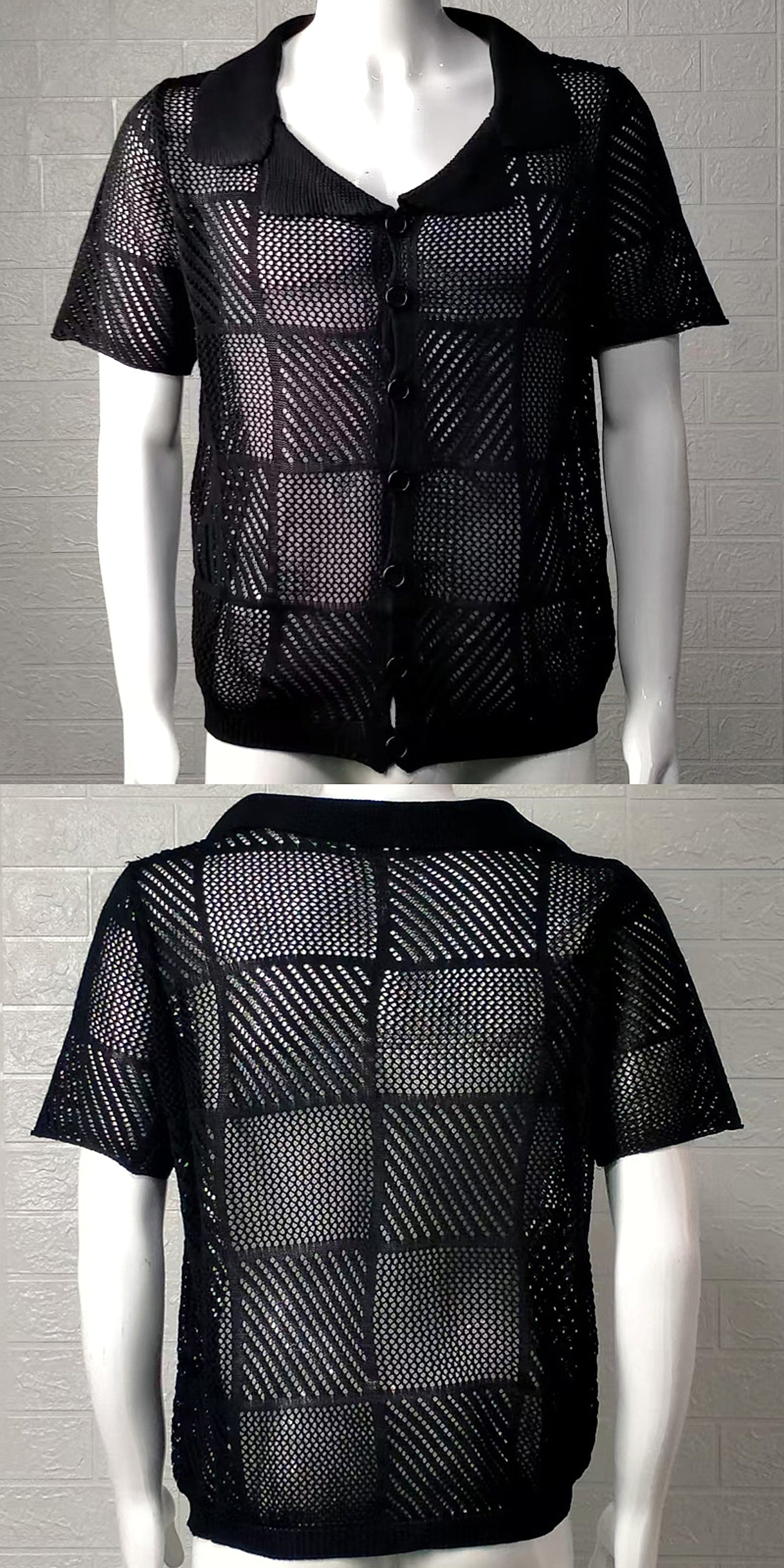 Men's Knit Cardigan Thin Hollow Polo Collar Short Sleeve Top - enhanced image 10