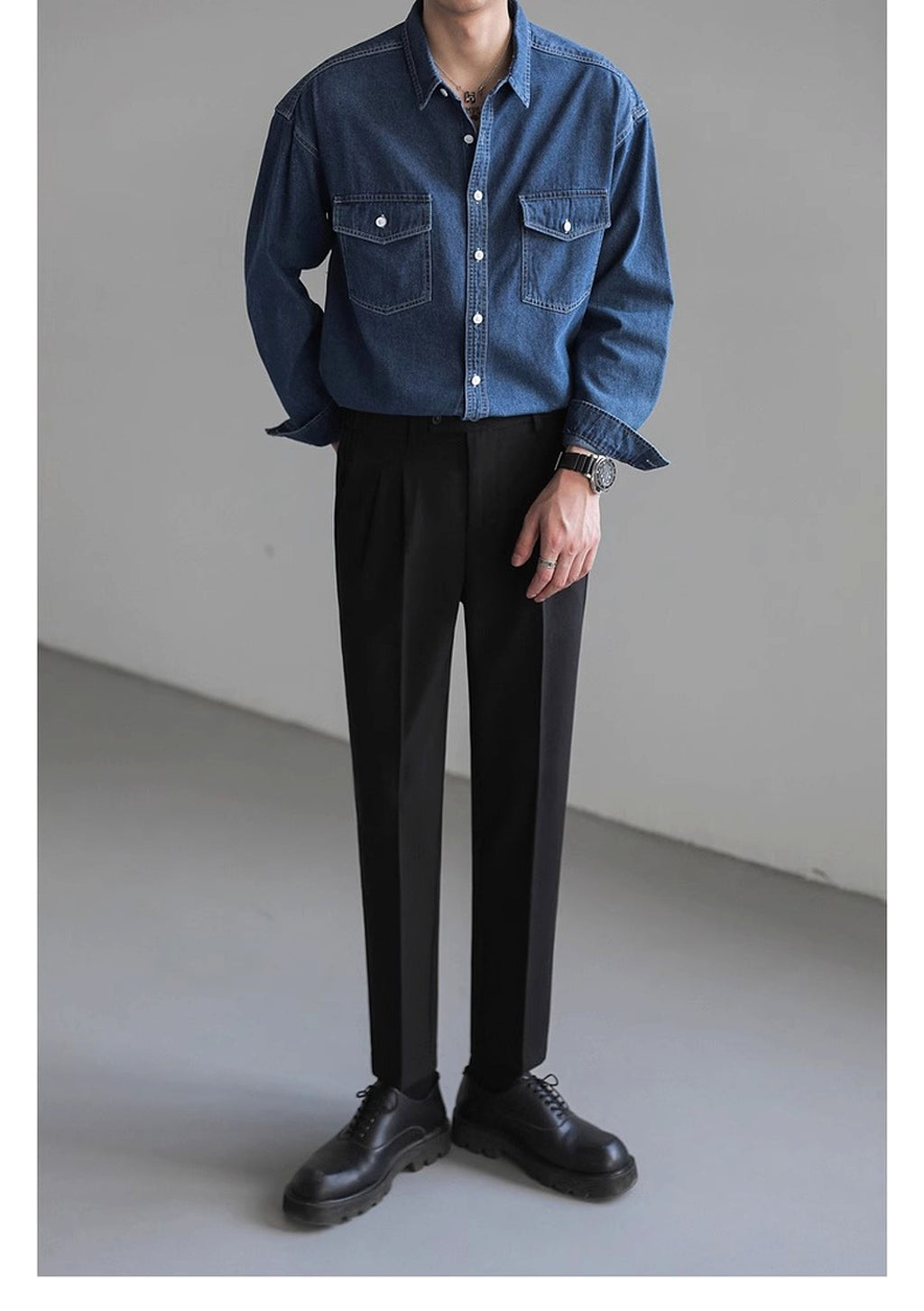 Minority Simple Long Sleeve Denim DressShirt Men's Loose - enhanced image 10
