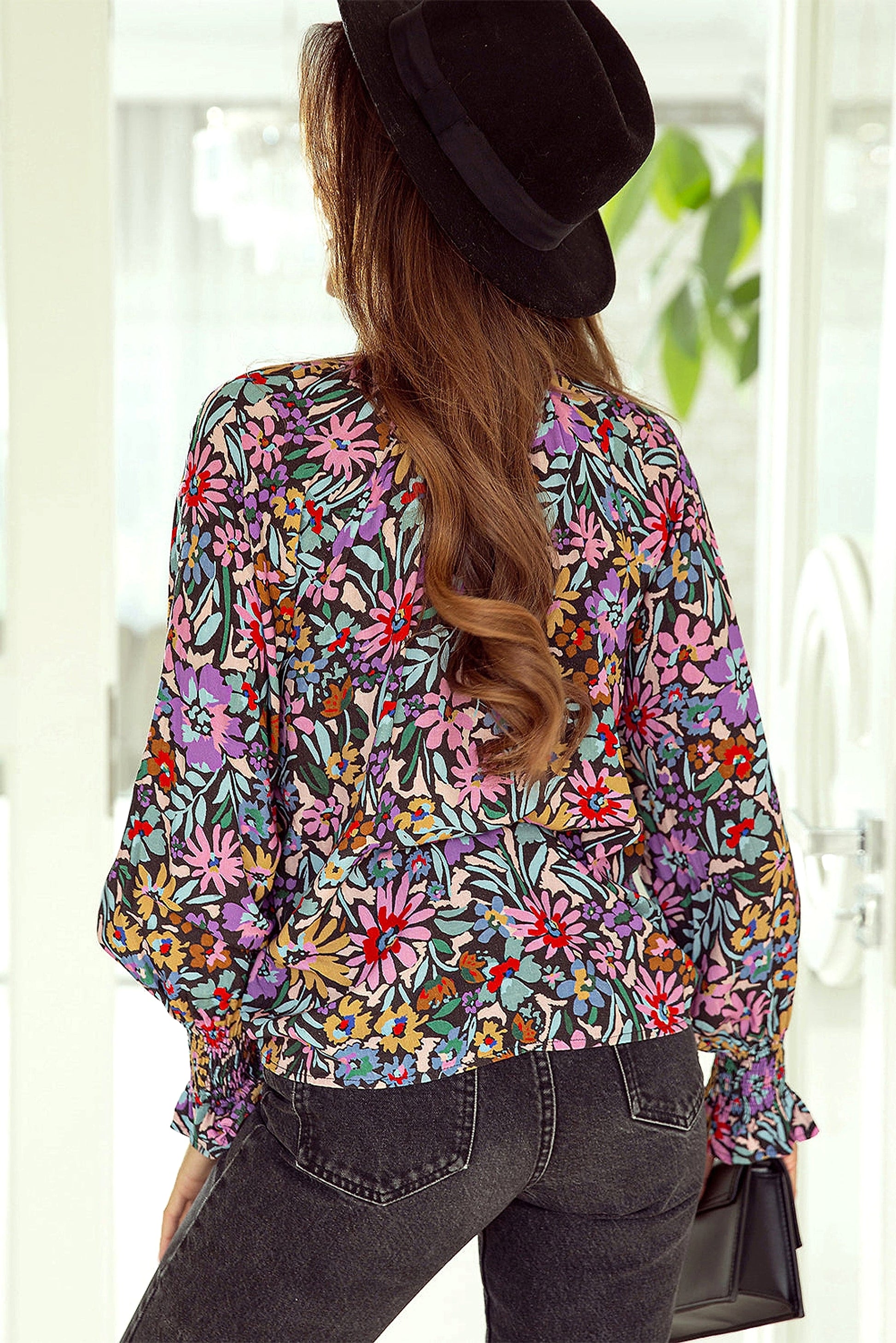 Multicolor Floral Print Ruffled Long Sleeve V-Neck Blouse - enhanced image 10