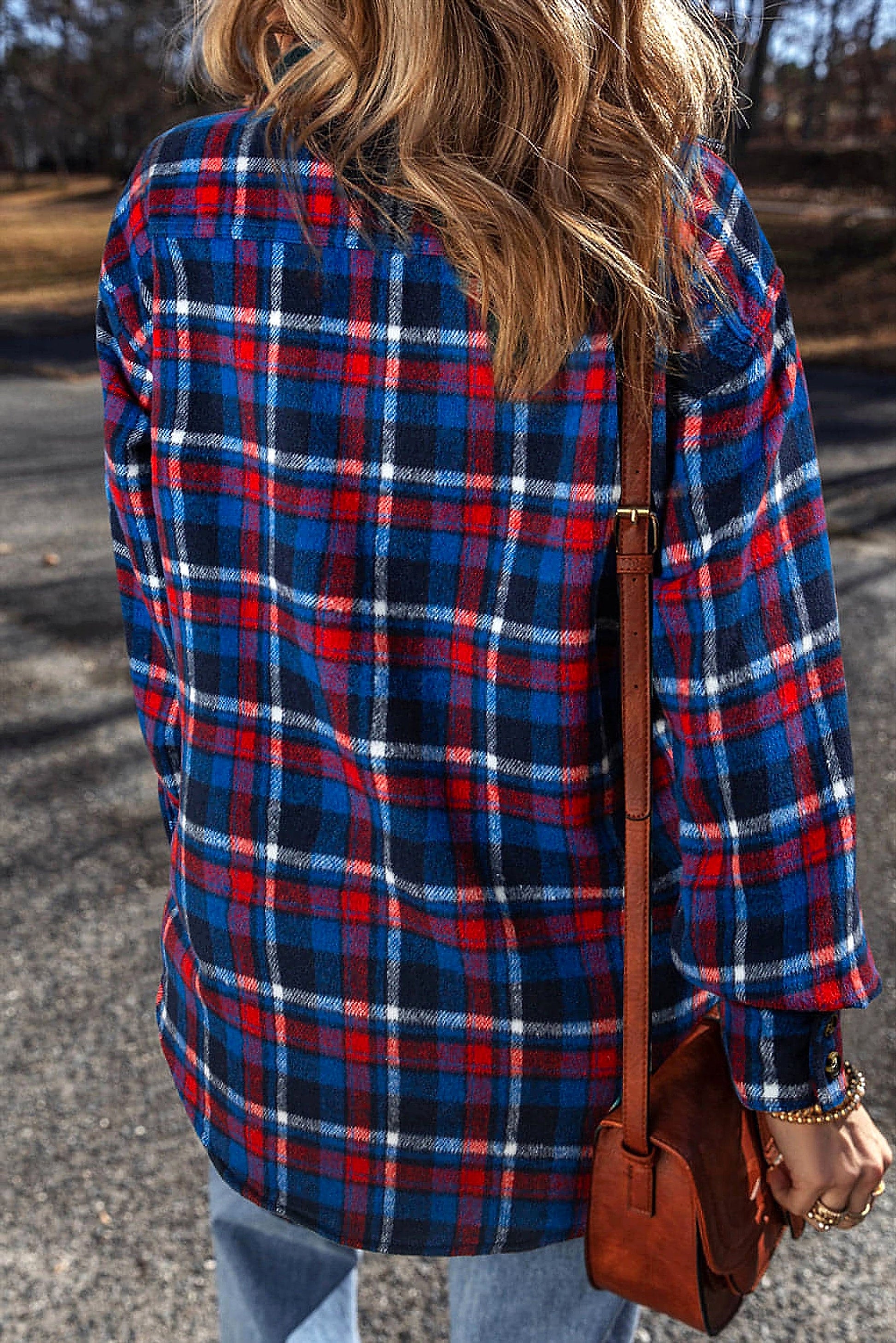 Navy Blue Plaid Flap Pocket Button Up Shacket - enhanced image 10