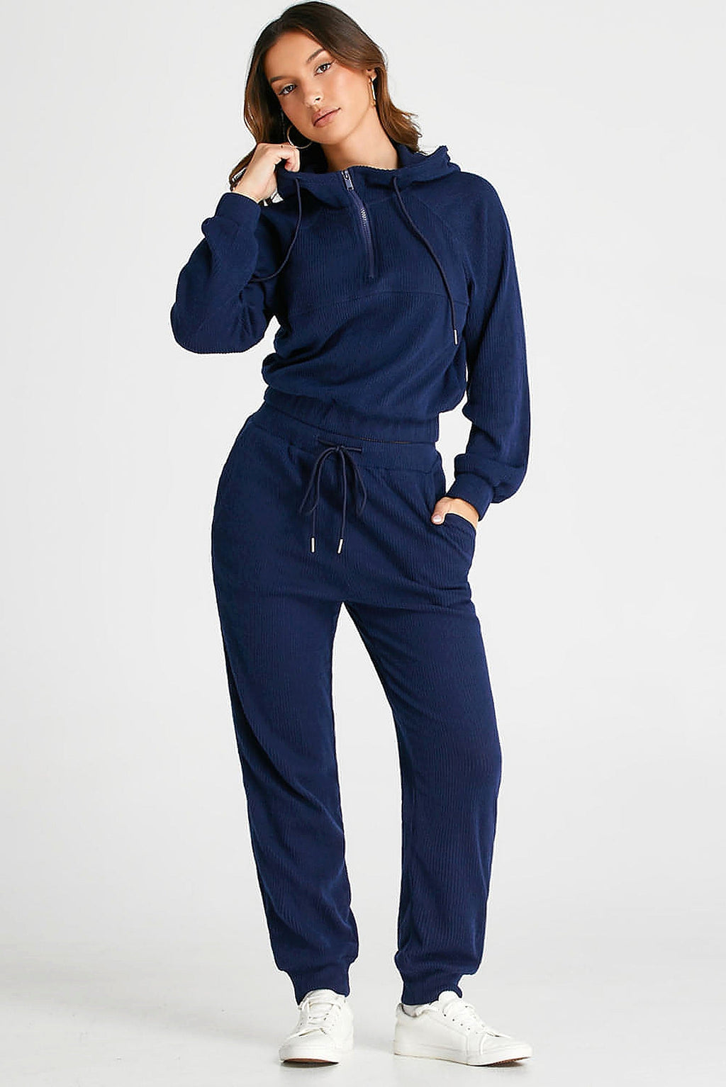 Navy Blue Ribbed Knit Cropped Hoodie and Drawstring Joggers Set - enhanced image 10