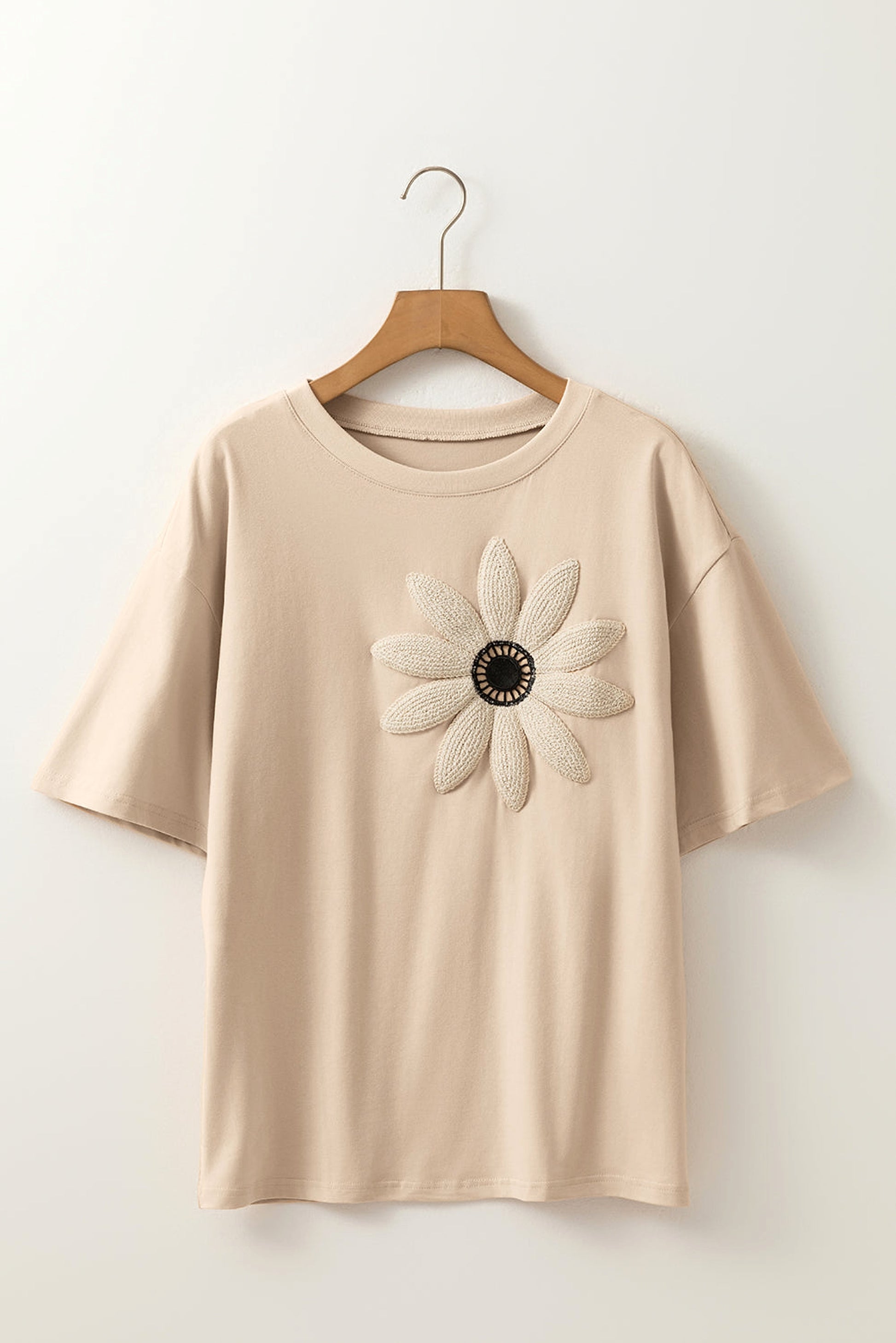 Oatmeal Contrast Crochet Floral Graphic Drop Shoulder Loose Tee - enhanced image 10