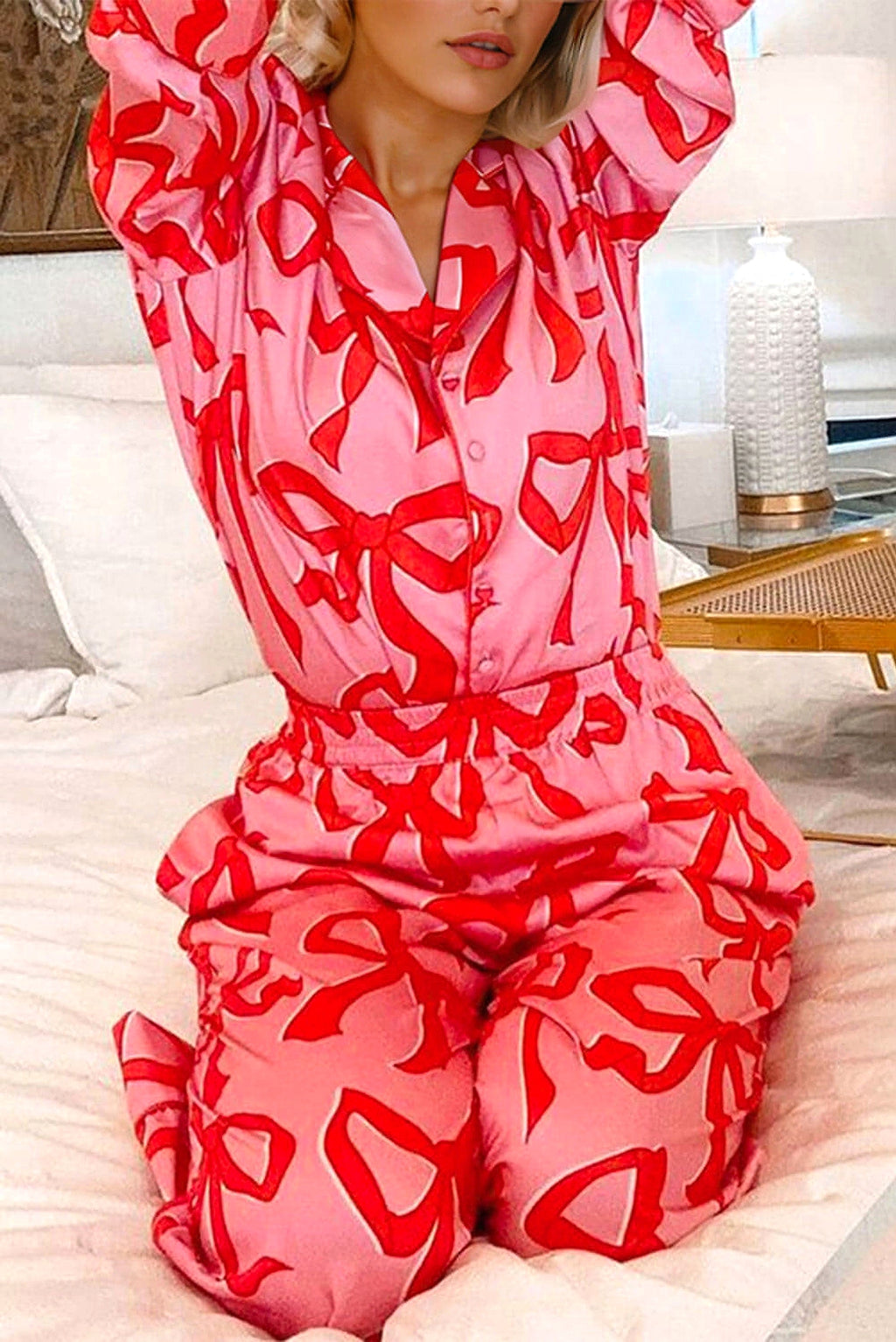 Pink 2pcs Bow Print Shirt Style Long Sleeve Pajama Set - enhanced image 10