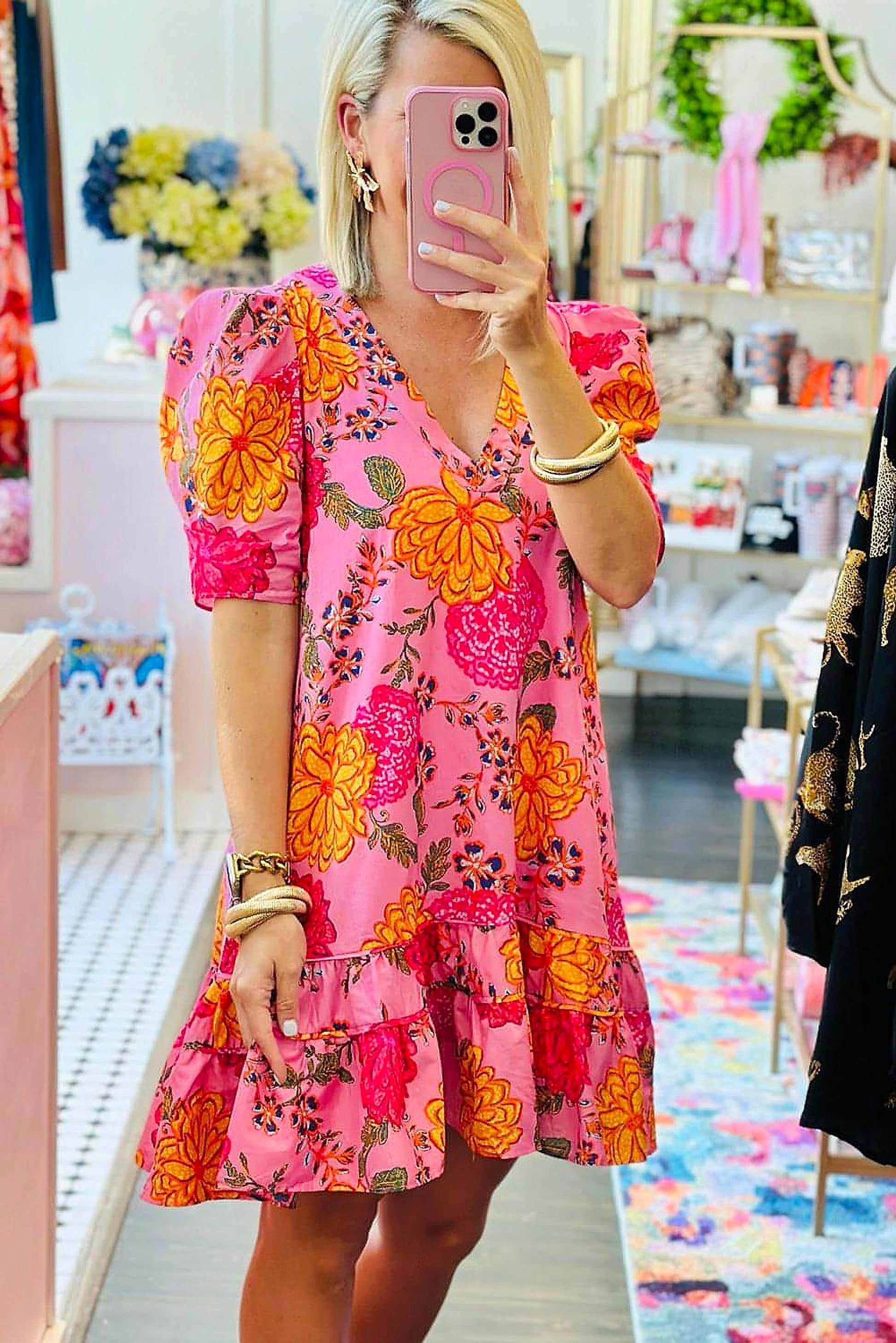 Pink Floral Bubble Sleeve V Neck Ruffled Mini Dress - enhanced image 10