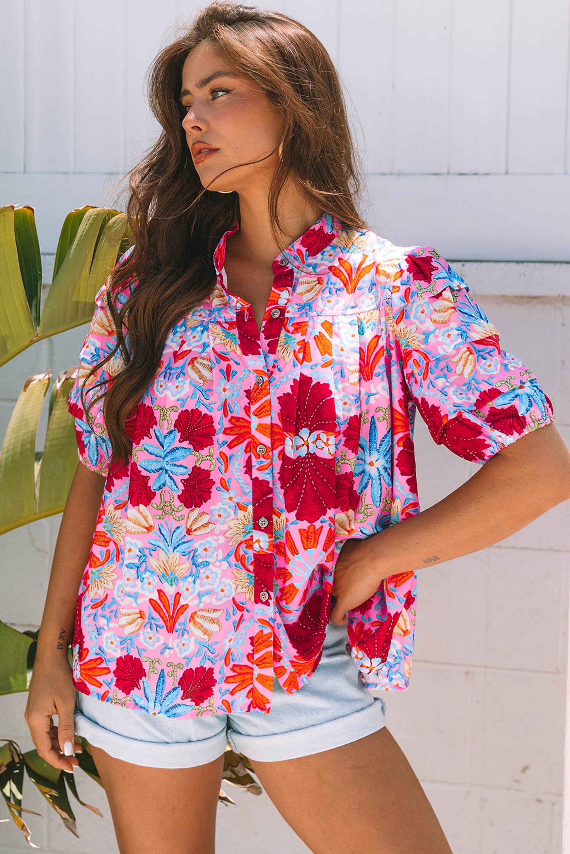 Pink Floral Print Bubble Sleeve Button Up Pleated Shirt - enhanced image 10