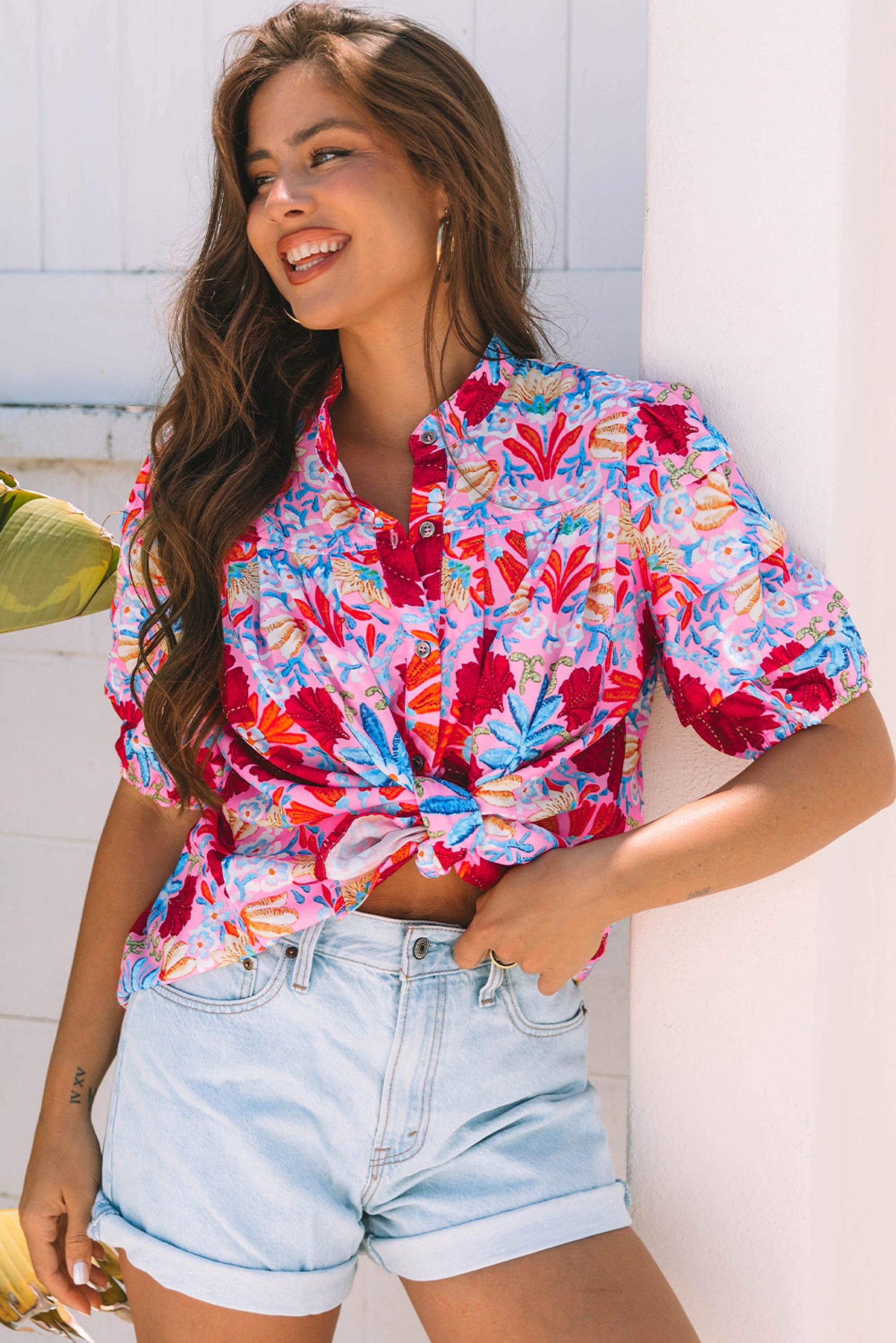 Pink Floral Print Bubble Sleeve Button Up Pleated Shirt - enhanced image 10