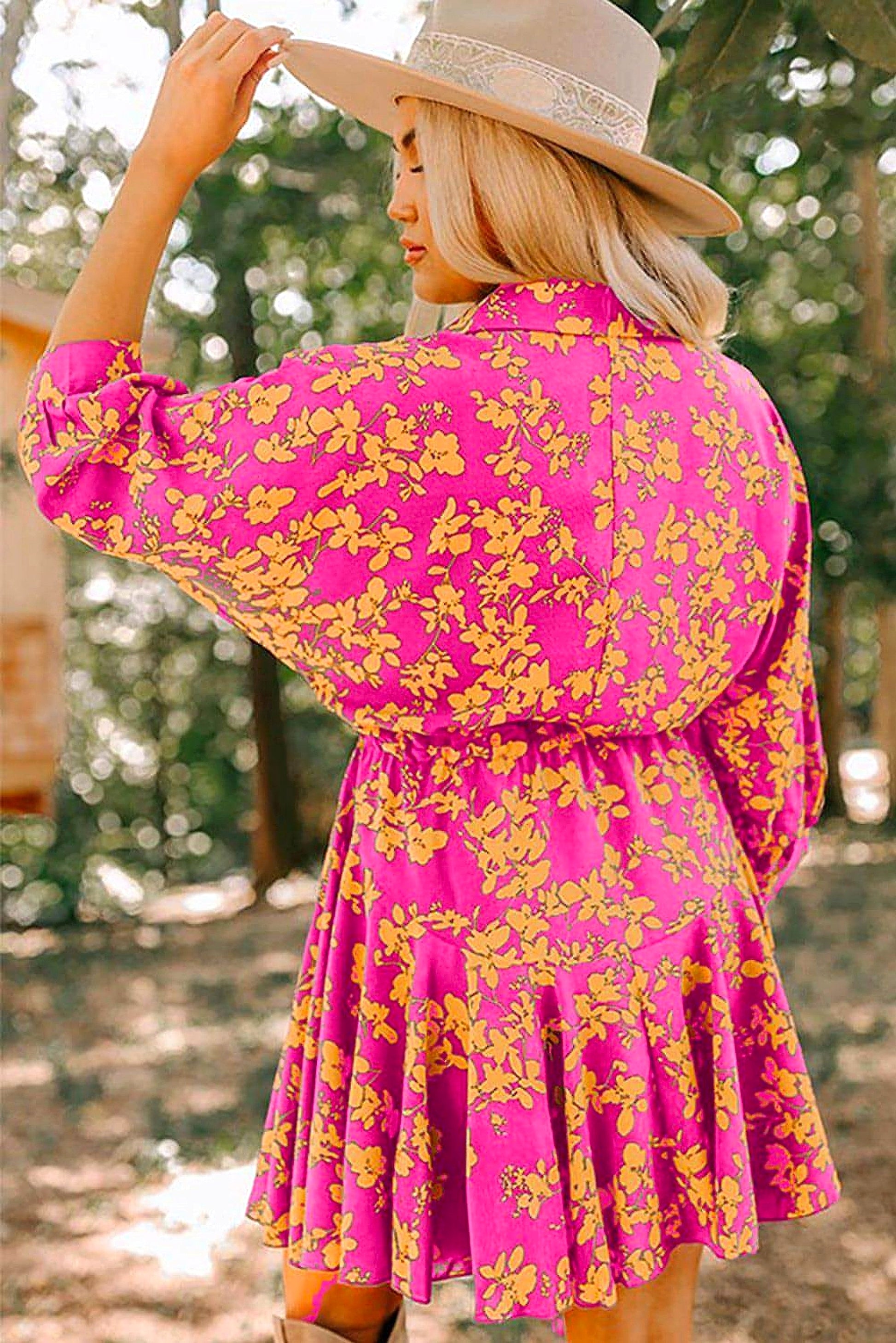 Pink Floral Print Drawstring Tunic Flowy Short Dress - enhanced image 10