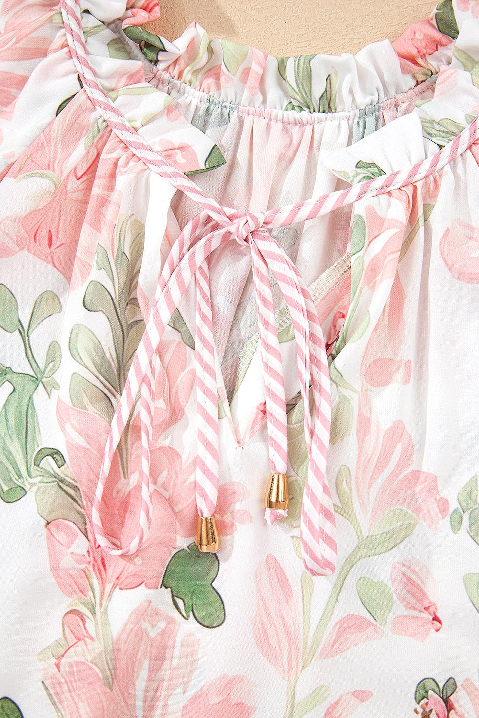 Pink Floral Print Striped Contrast Tiered Ruffled Sleeve V Neck Blouse - enhanced image 10