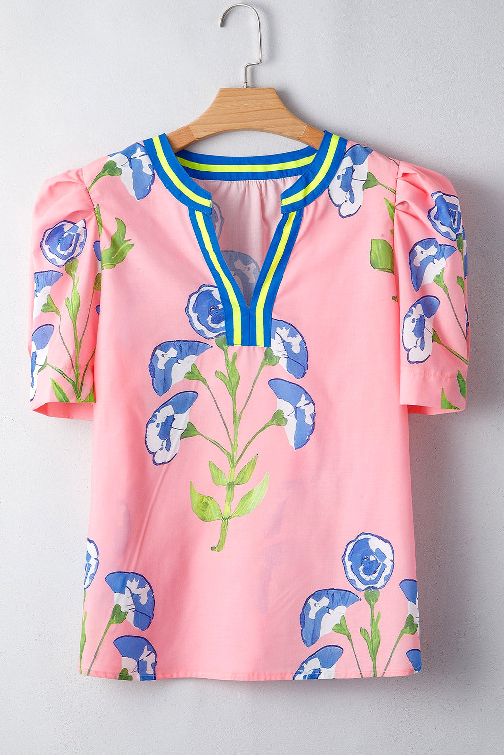 Pink Floral Print Striped Notched V Neck Bubble Sleeve Blouse - enhanced image 10