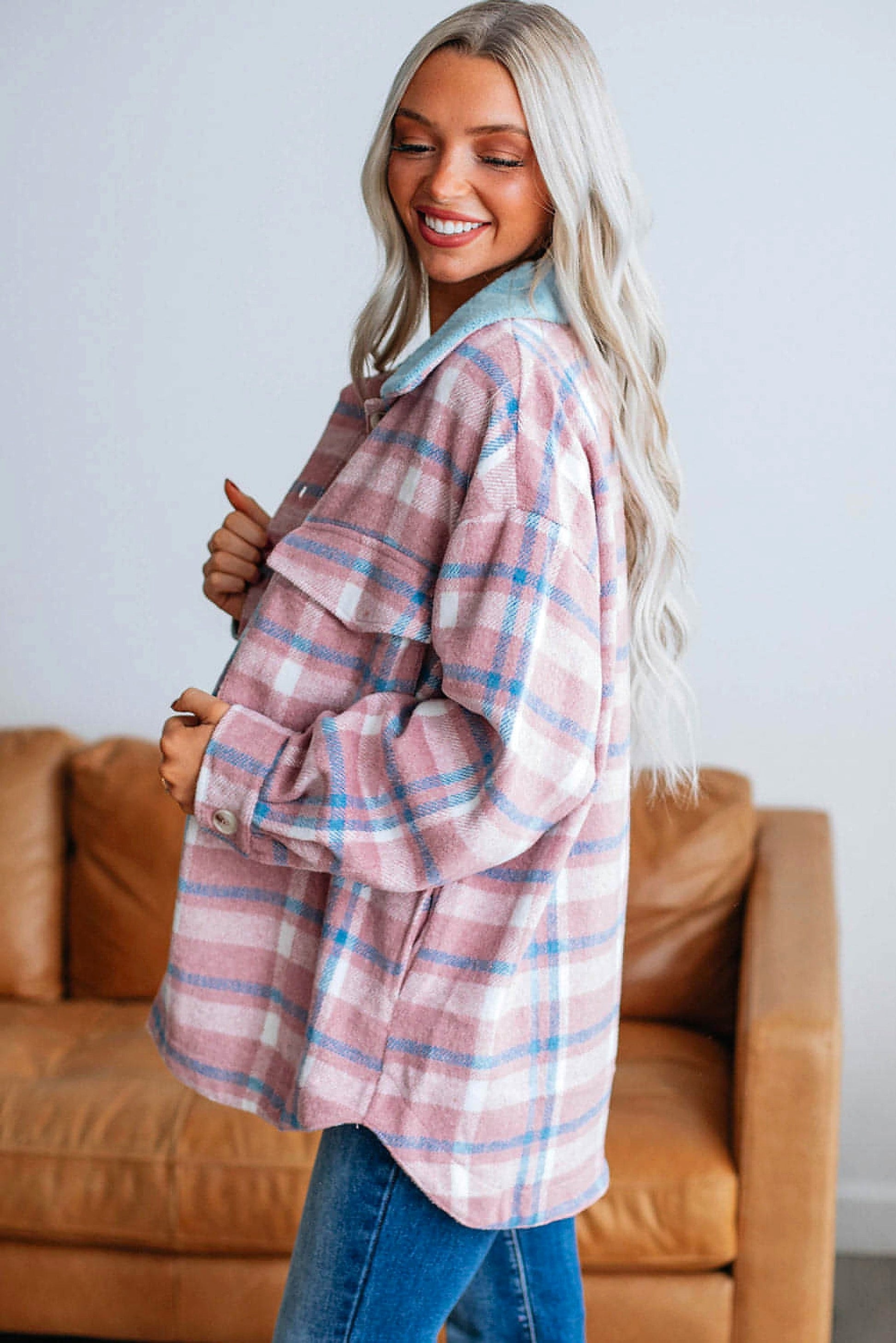 Pink Plaid Print Color Block Collared Flap Pockets Loose Shacket - enhanced image 10