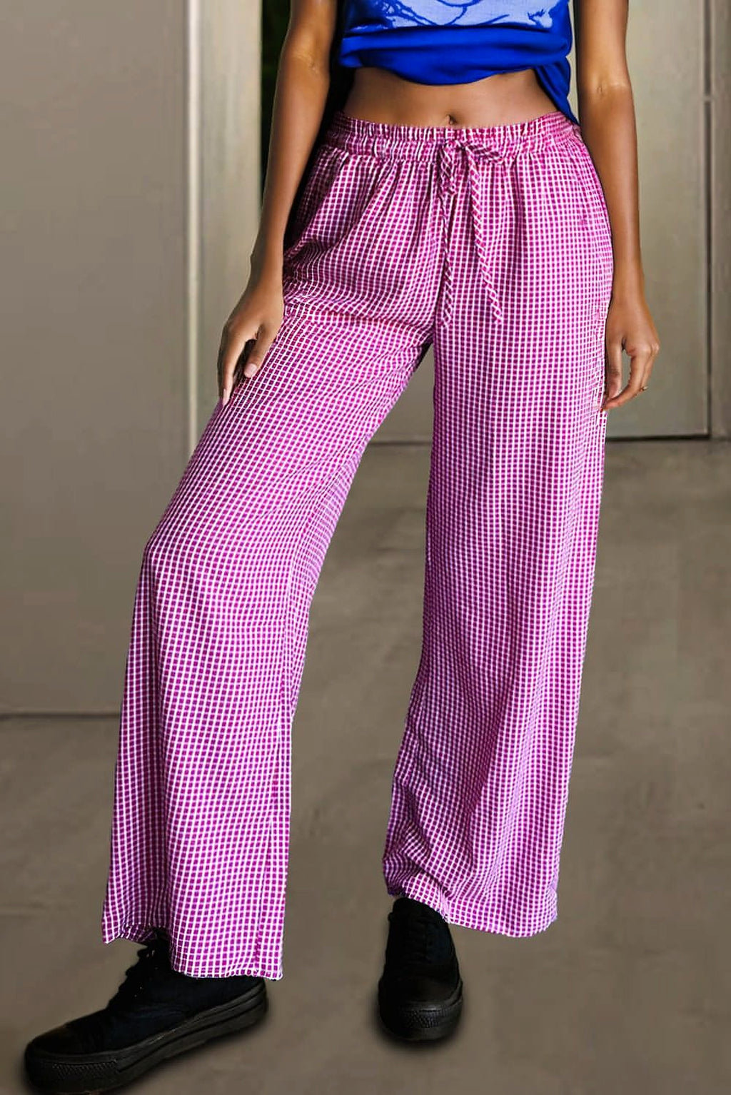 Pink Plaid Print Drawstring High Waist Wide Leg Casual Pants - enhanced image 10