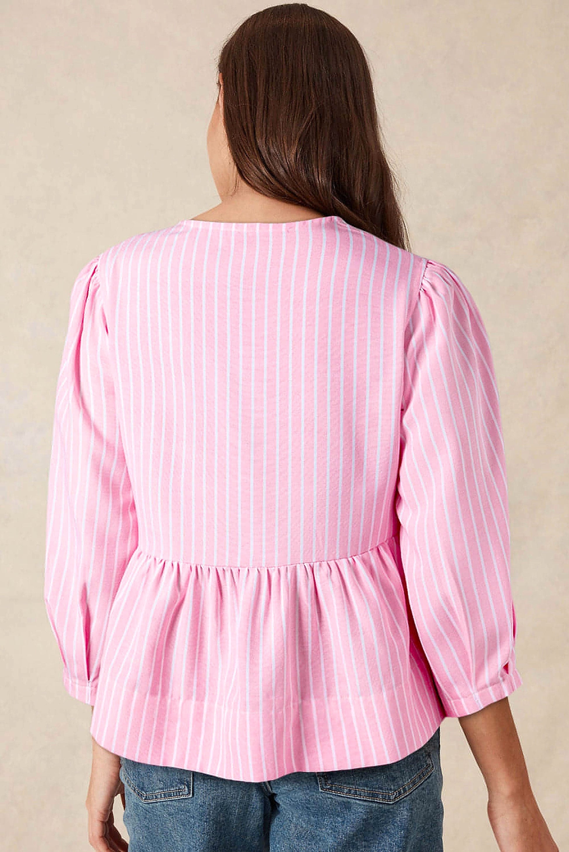 Pink Stripe Bowknot Front Crew Neck Puff Sleeve Blouse - enhanced image 10