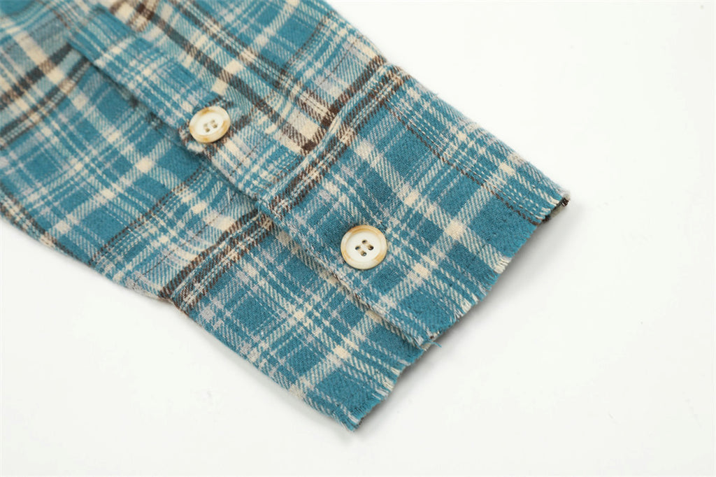 Plaid Long Sleeve DressShirt Casual Polo Collar Raw Edge Men - enhanced image 10