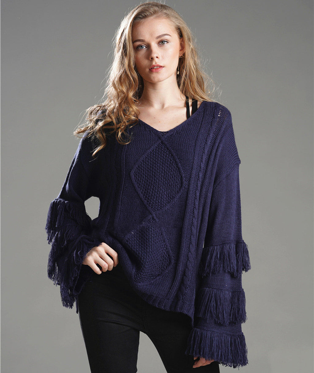Pullover Loose Sweater Women Tassel Pure Color - enhanced image 10