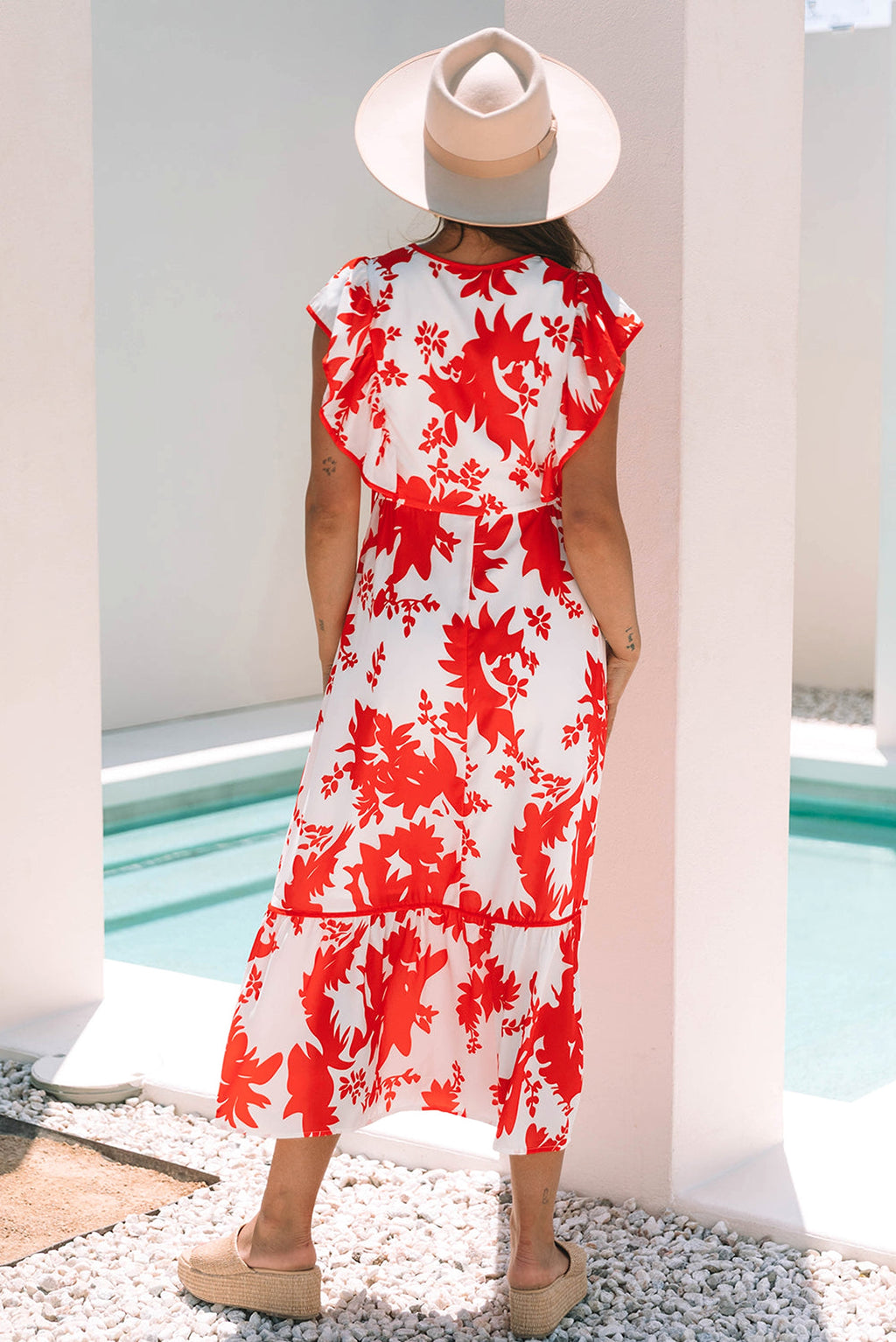 Red Floral Print Trimmed V Neck Ruffle Sleeve Long Dress - enhanced image 10